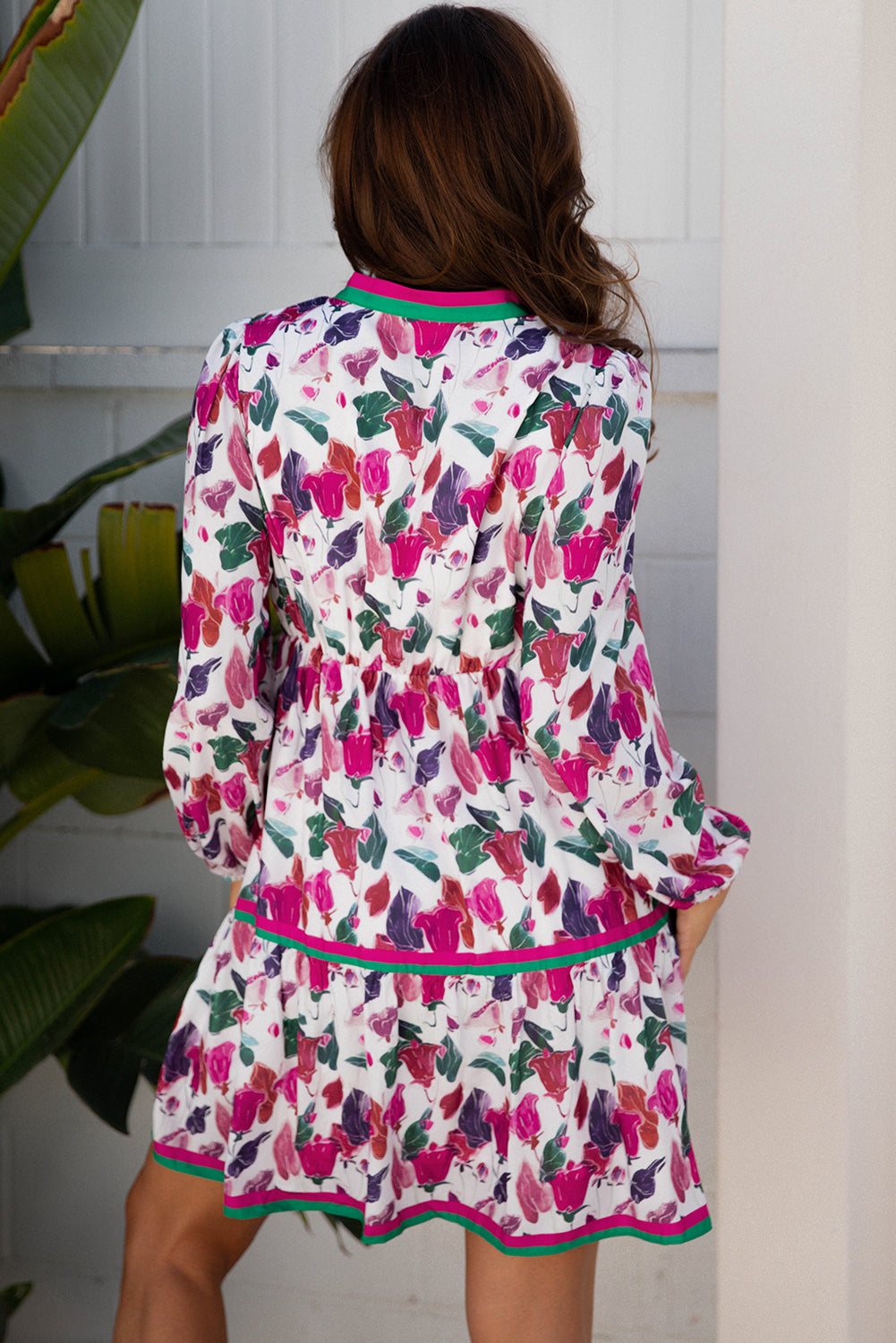 Floral-Print Contrast Striped Detail Long-Sleeved Mini Dress