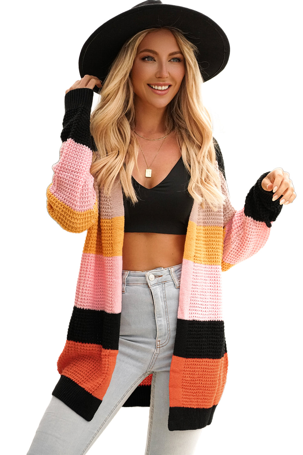 Cardigan ouvert sur le devant en tricot gaufré multicolore