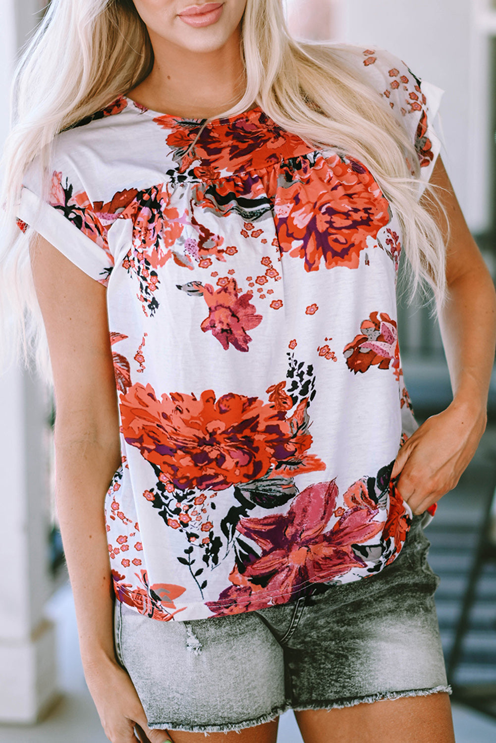 Blouse for Women Short-Sleeve Round Neck Floral-Print