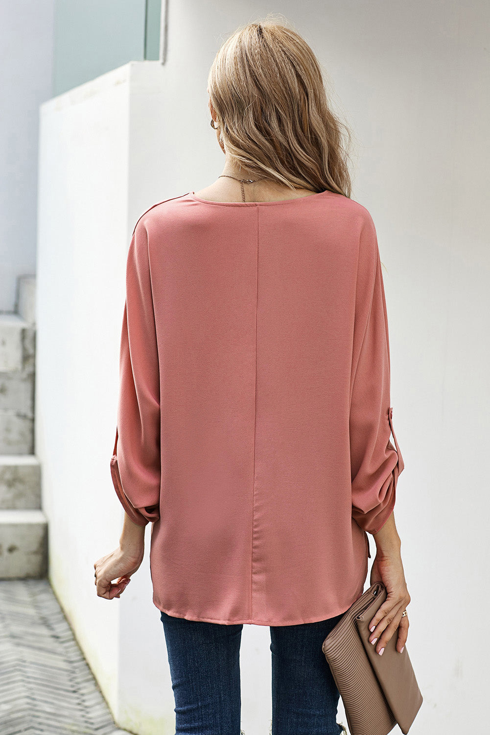 Shirt for Women Pink V Neck Three-Quarter Sleeve High Low Hem