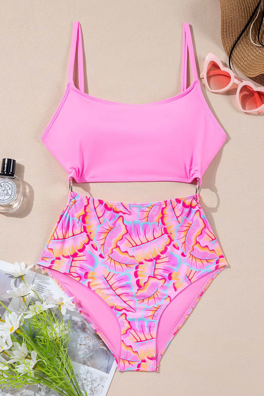 O-ring Joint Leafy Print High Waist Monokini