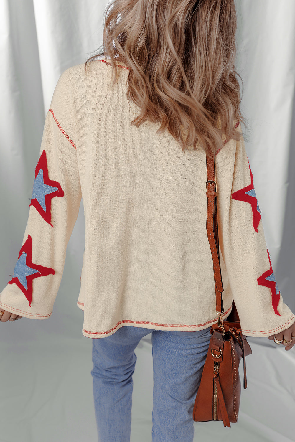 Contrast USA Star Patchwork Long-Sleeved Top in Beige