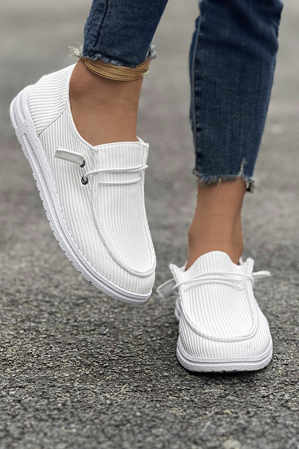 Lace-up Decor Rib-Knit Decor Slip On Shoes