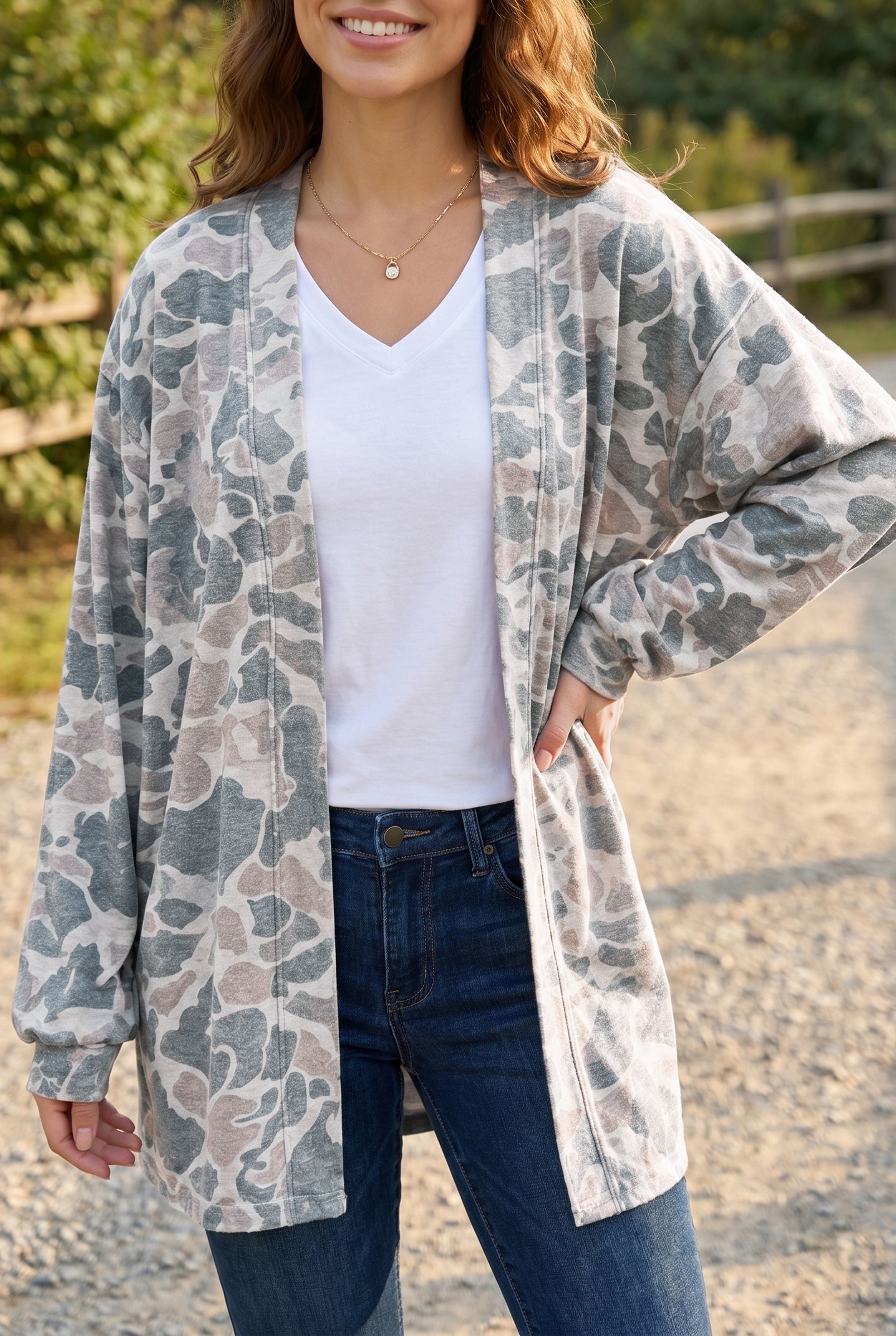 Print Long-Sleeved Camouflage Long-Sleeved Open-Front Tunic Cardigan