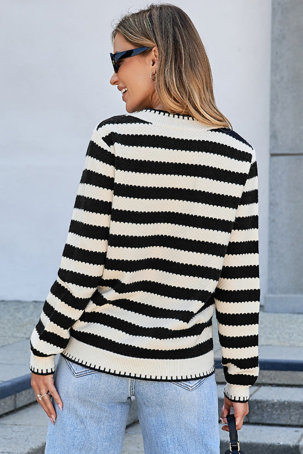 Golden Stripe Polished Button Cardigan Knit Top in Black