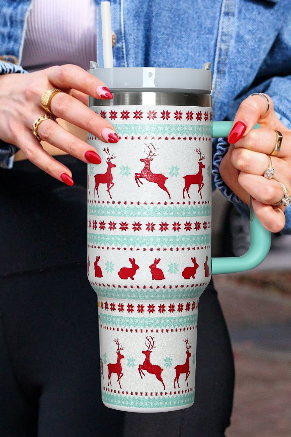 Christmas Print Handled Stainless Steel Tumblers 40oz