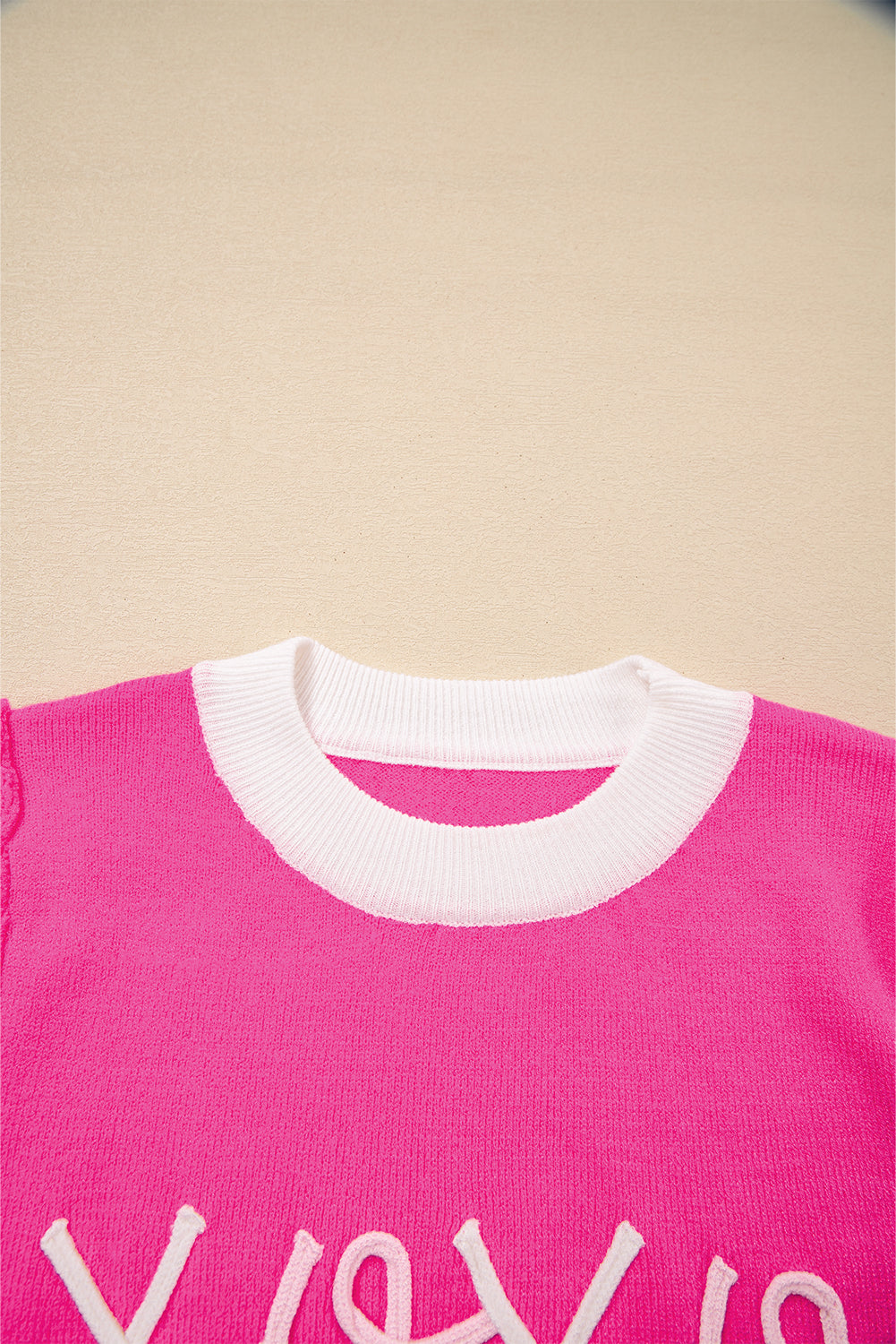 Graphic XOXO Embroidered Valentines Contrast Trim Crew-Neck Short Puff Sleeve Knit Top Tee