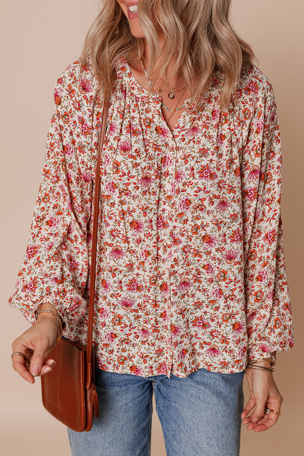 Floral-Print Notched Pleated Detail Neck Puff Sleeve Blouse