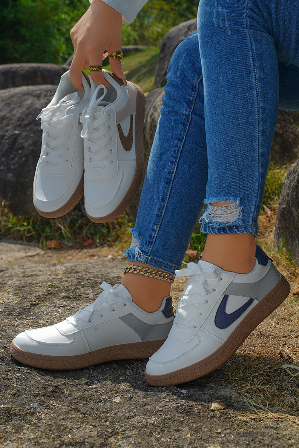 Color Contrast PU Leather Lace-up Sneakers Style