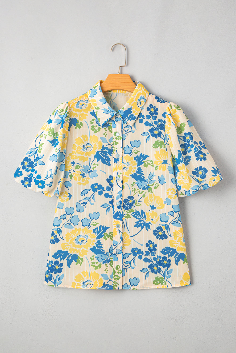 Mixed Floral Striped Print Puff Short-Sleeved Blouse