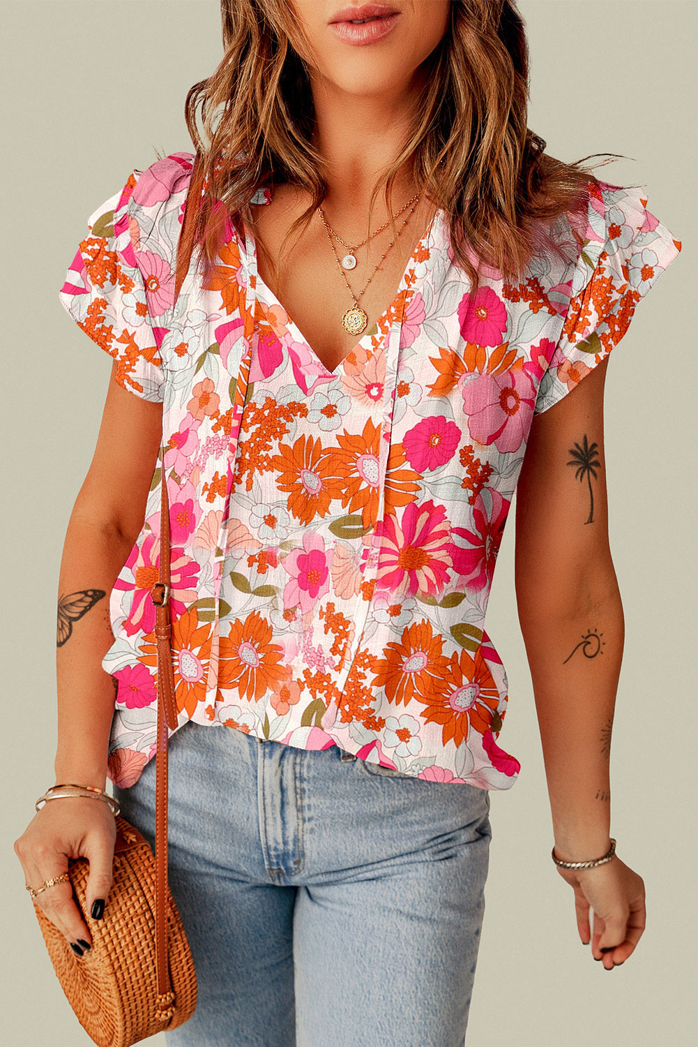 Blouse for Women Split Ruffle-Trimmed Sleeve Floral-Print