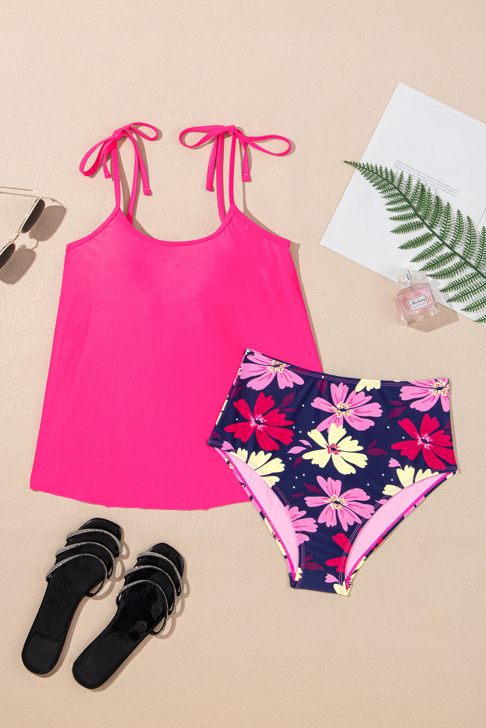 Tie Shoulder Floral Print Cute Tankini Set