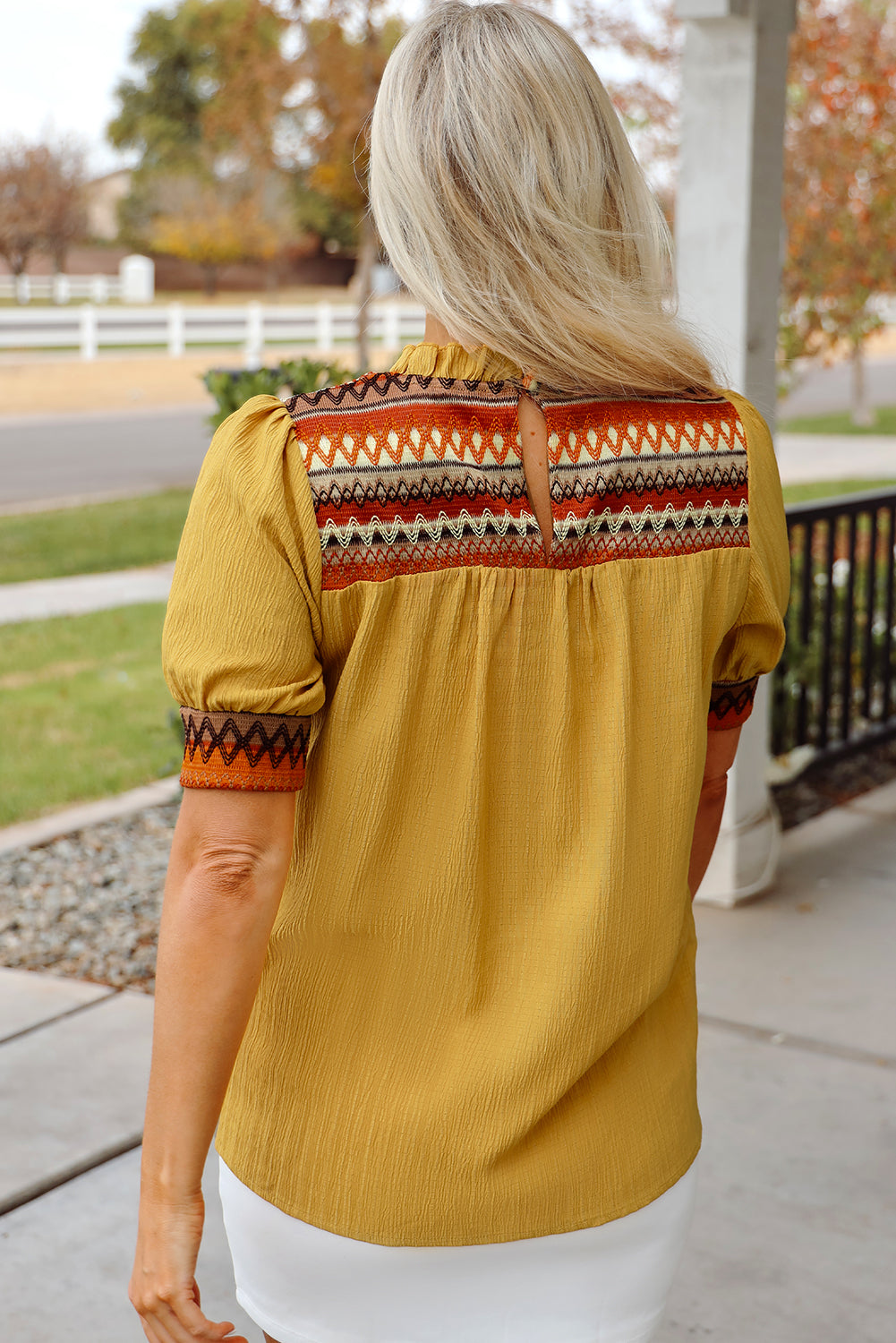 Mustard Geometric Short Sleeve Frilled Collar Blouse
