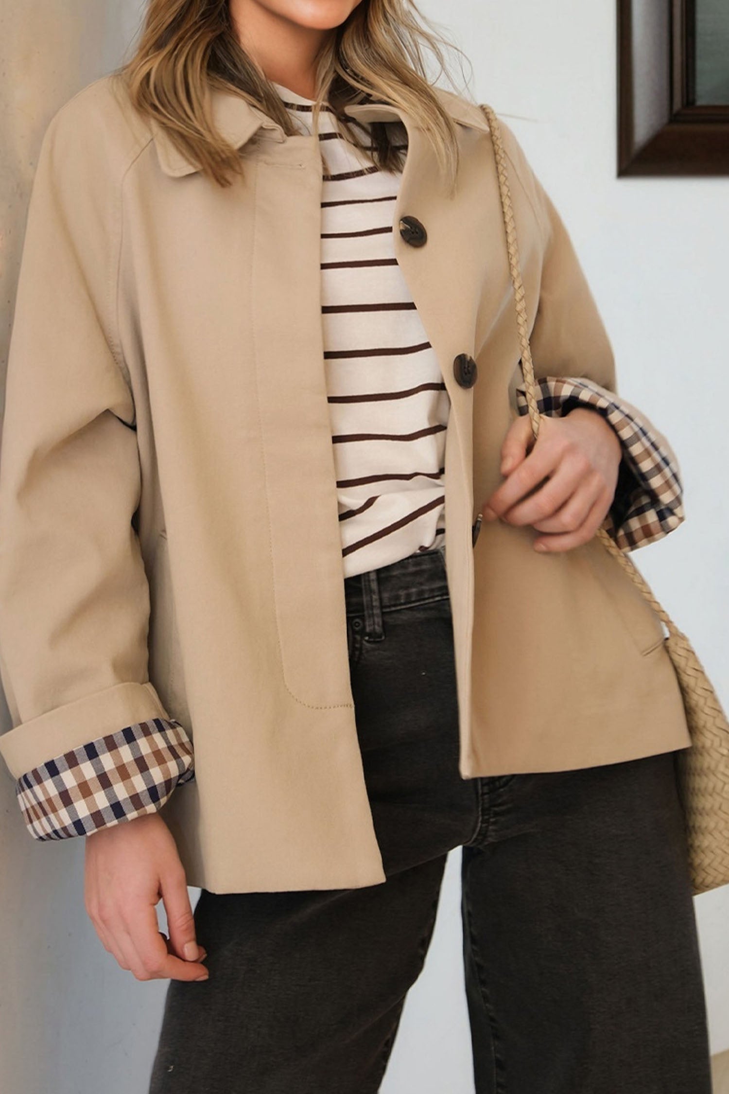 Patchwork Plaid Liner Single Breasted Trench Coat in Parchment