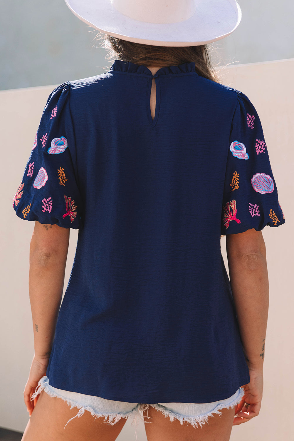 Sail Blue Shellfish Coral Embroidery Frilled Neck Blouse