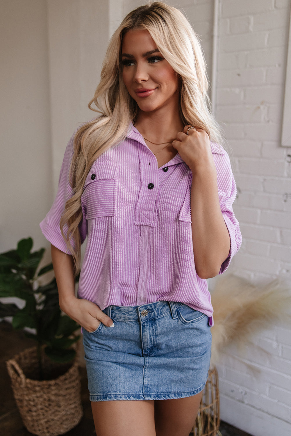 Corded Flap Pocket Collared Short Sleeve Blouse
