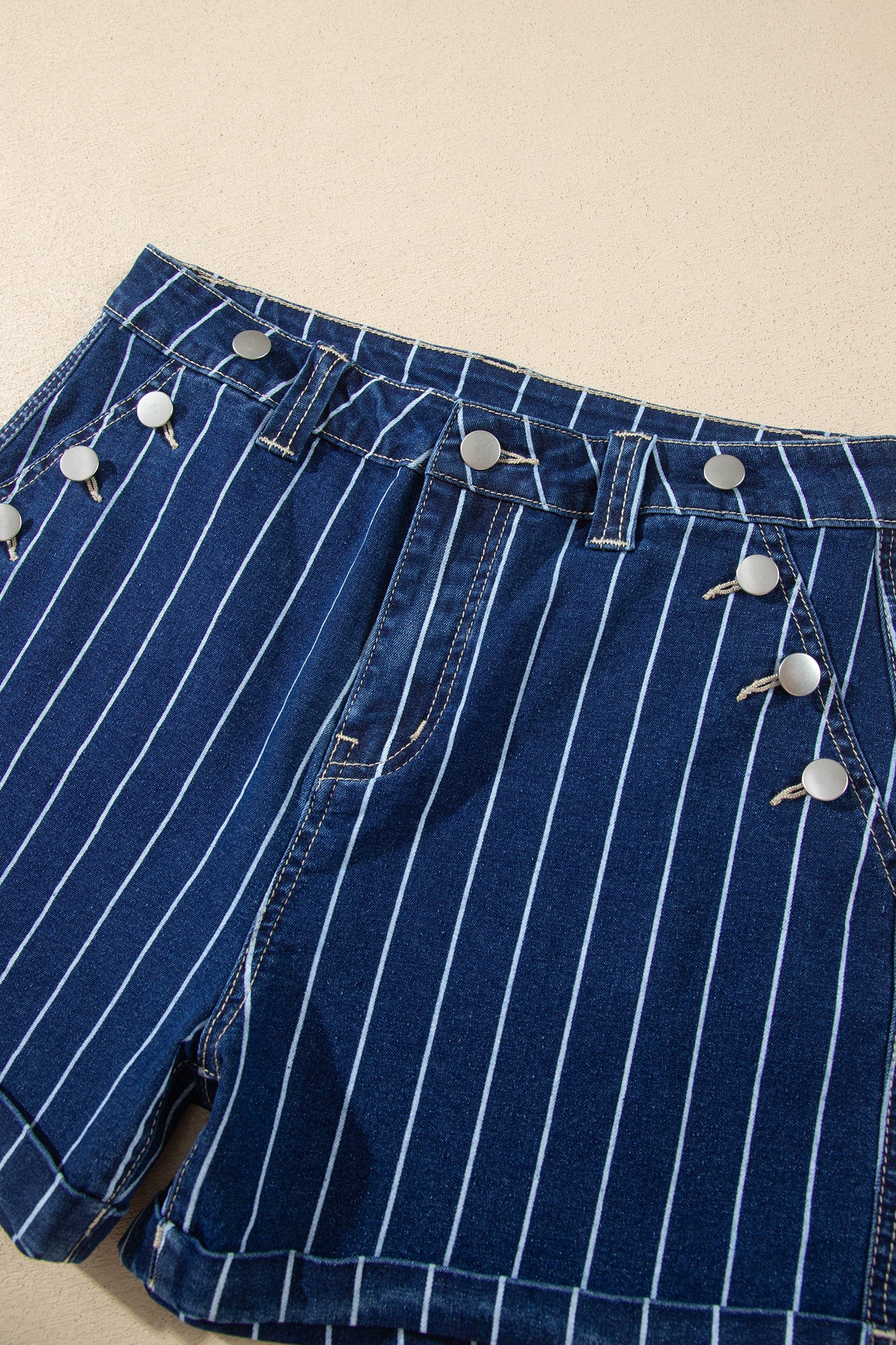 Stripe Metal Button Detail Womens Denim Shorts in Blue