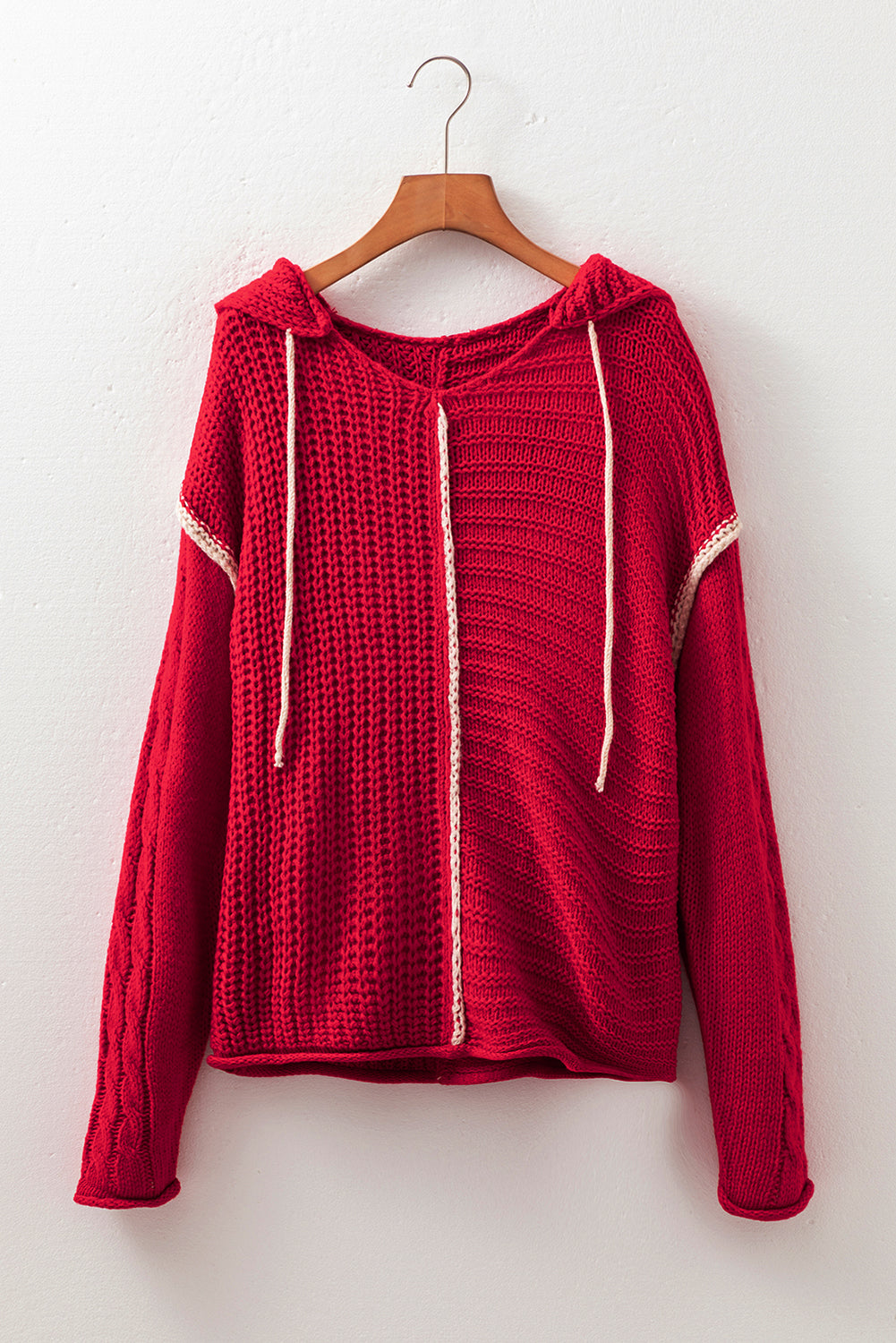 Contrast Trim Color Trim Textured Knit Drawcord Hooded Knit Top