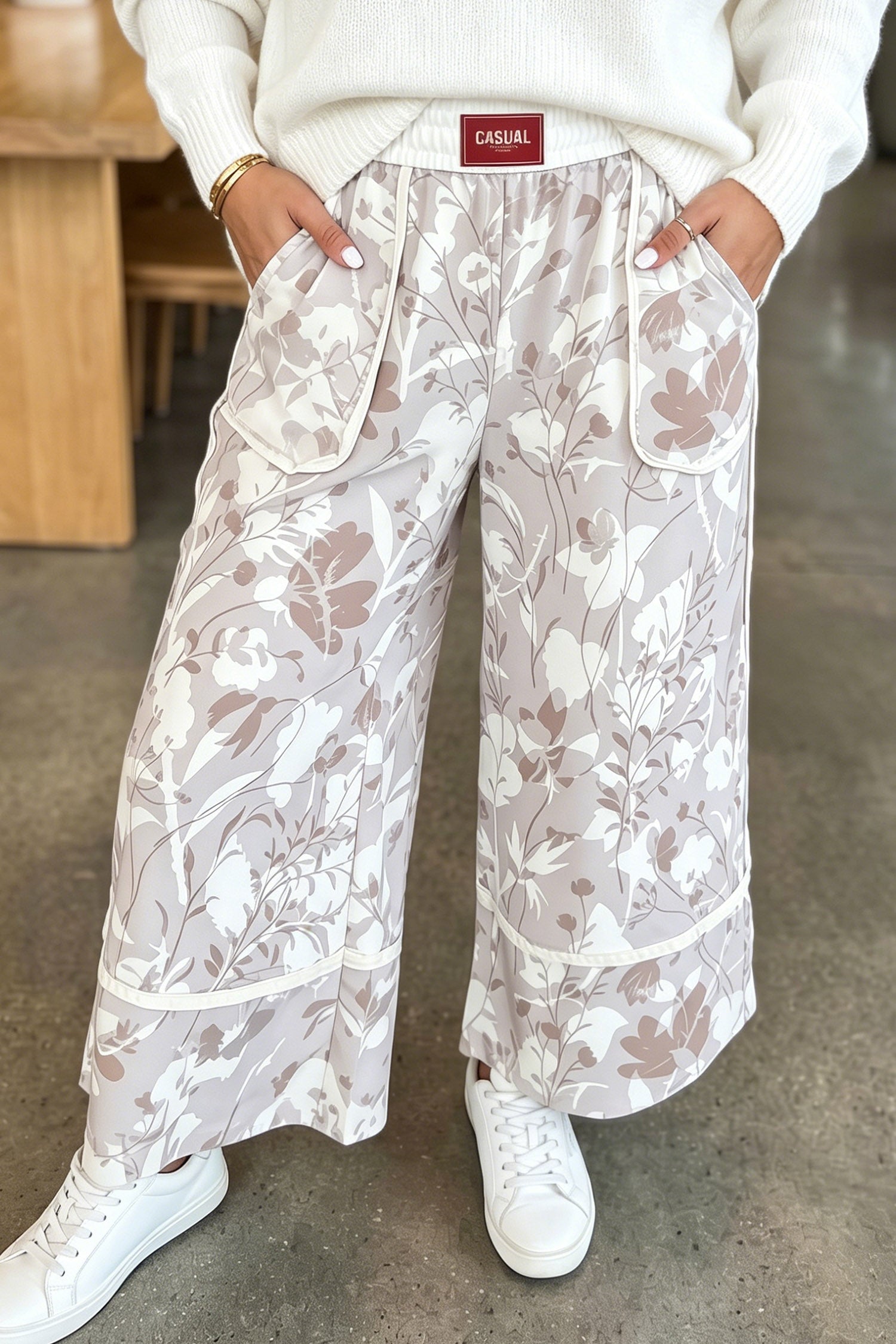 Camo Print Floral Print Contrast Trim Plus Size Loose Pants in Gray