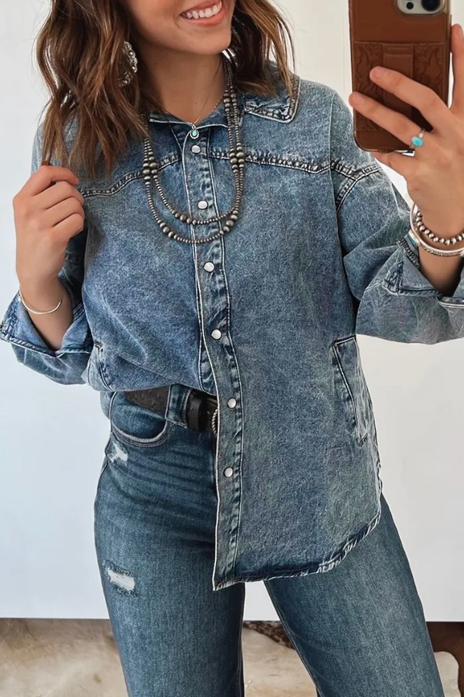 Western Dusk Blue Shirt Collar Tunic Denim Jacket