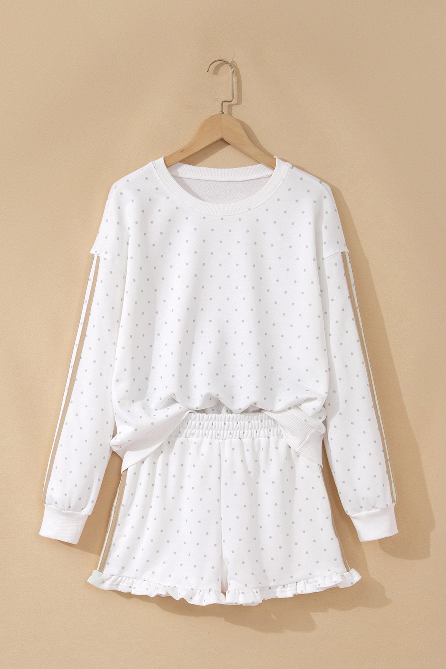 Polka-Dot Print Side Stripe Everyday Sweatshirt 2pcs Short Set in White