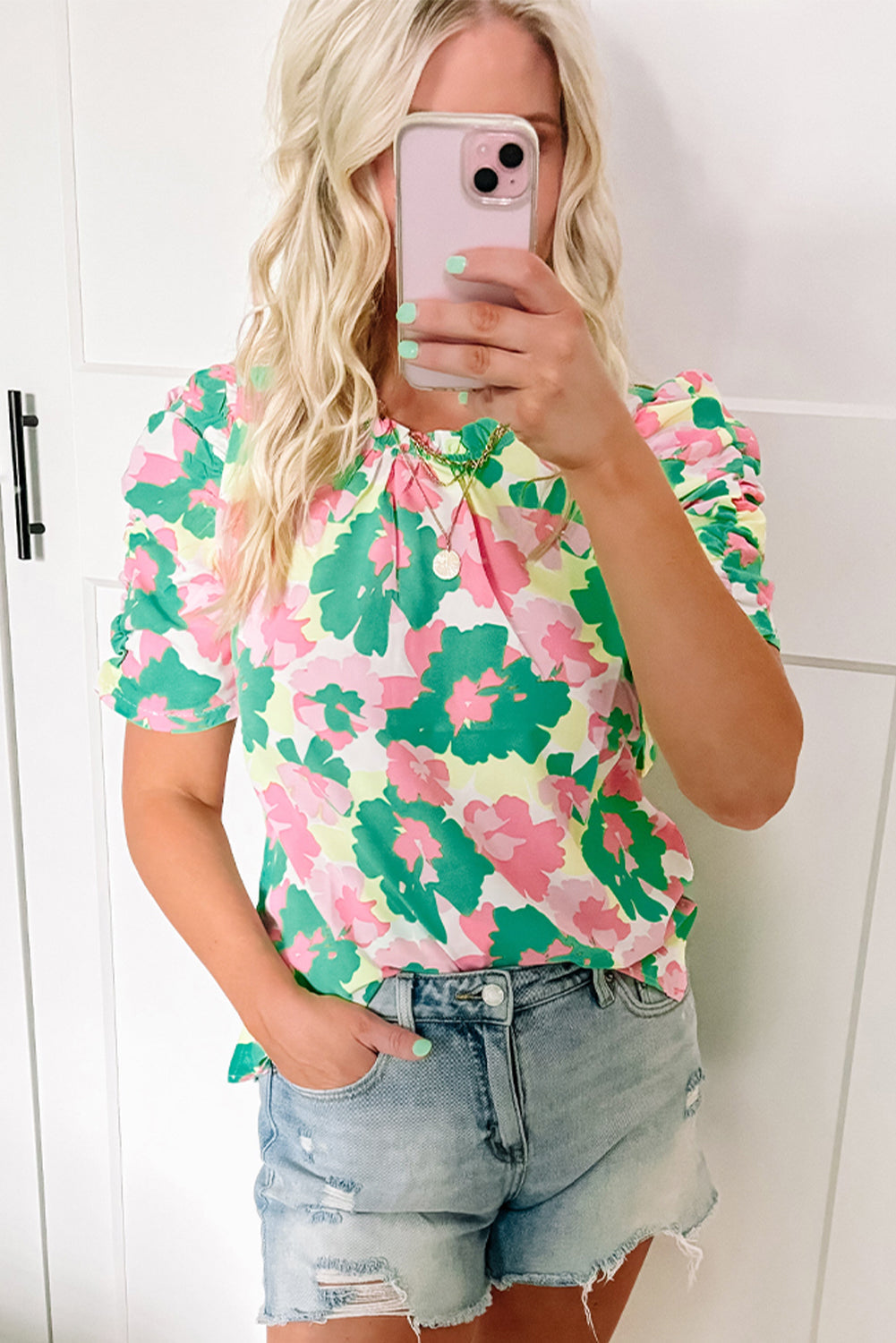 Abstract Print Frilly Neck Ruched Short-Sleeved Blouse