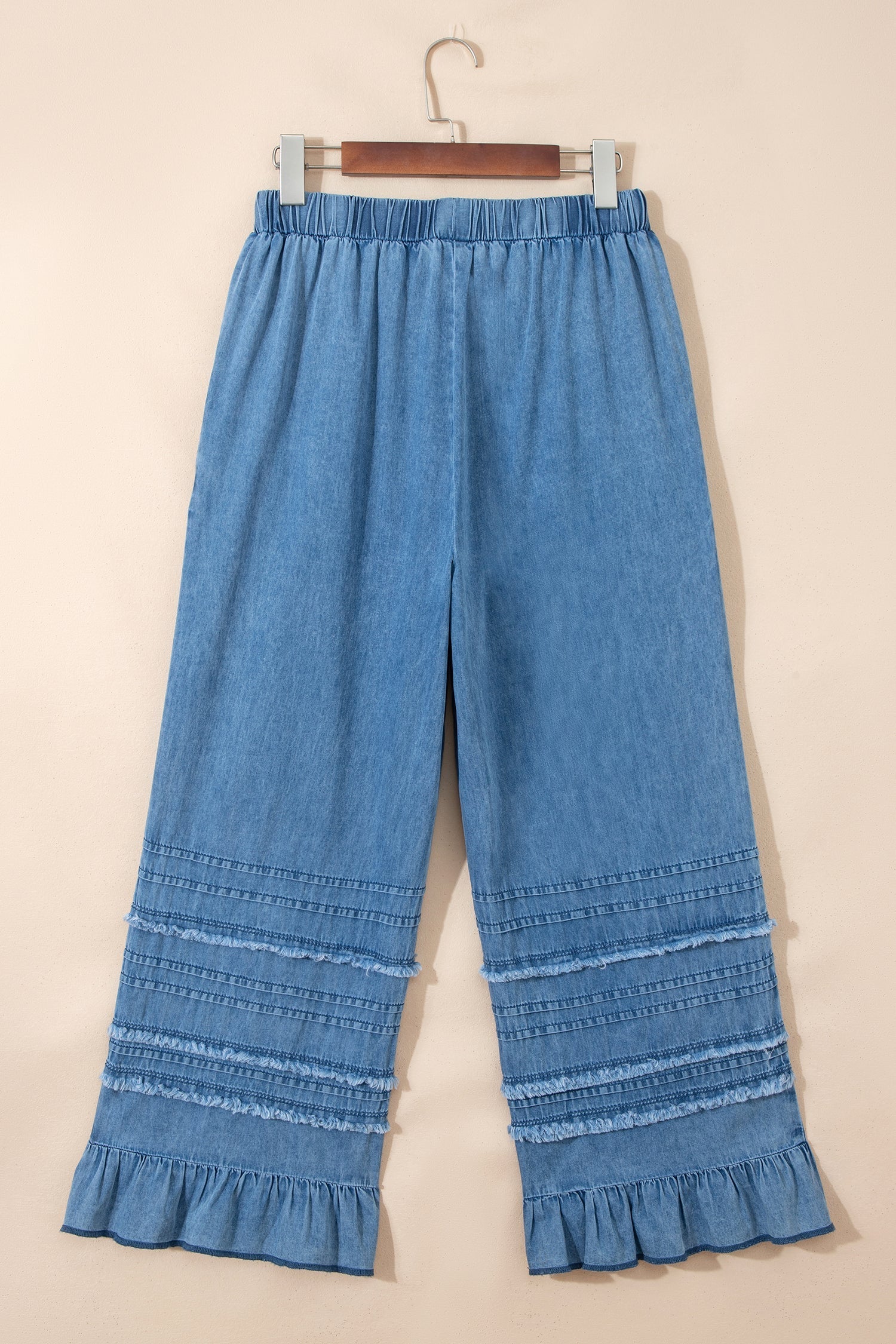 Dusk Hem Blue Ruffled Wide-Leg Chambray Pants
