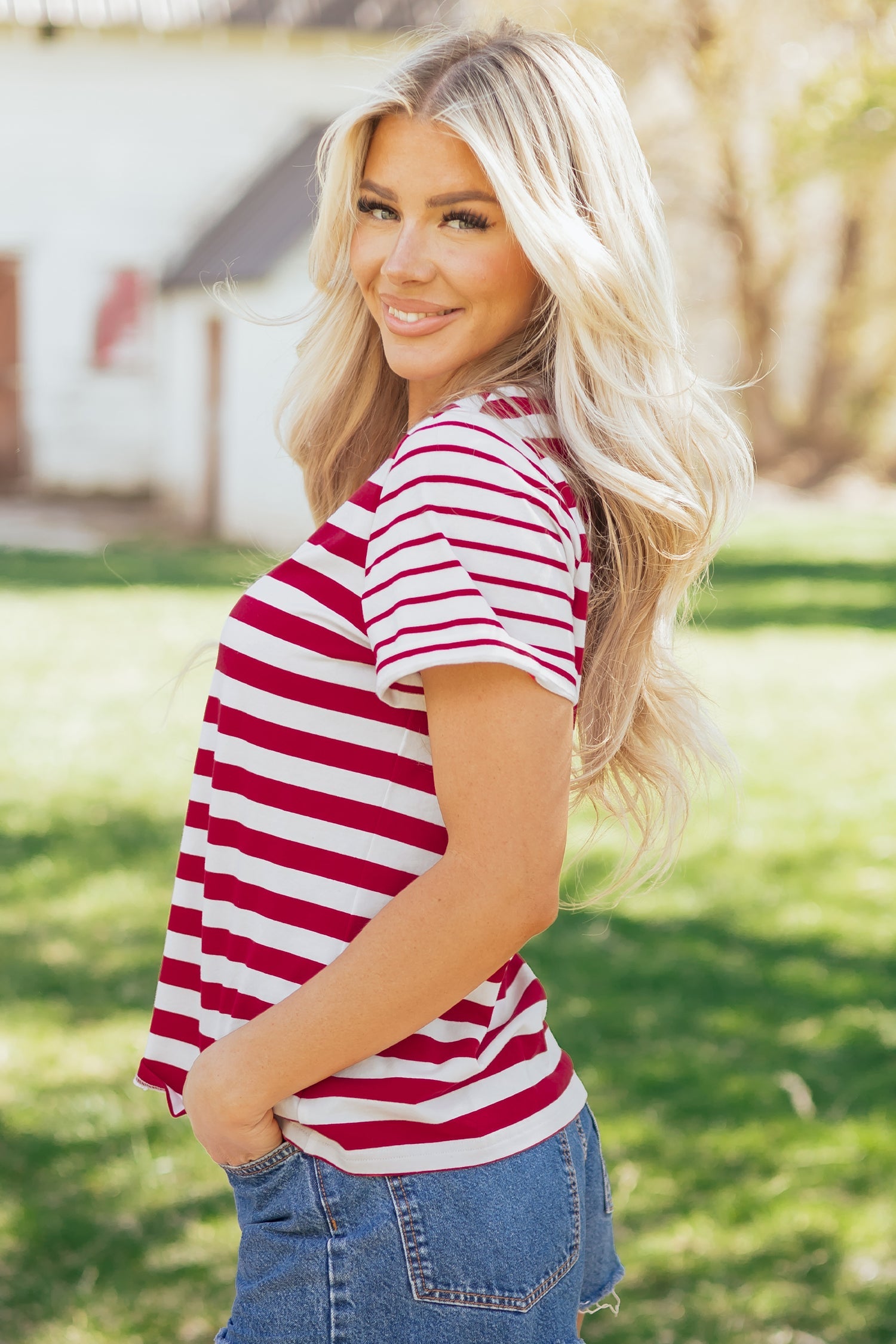 Stripe Patchwork Round-Neck Short-Sleeved T Shirt in Red