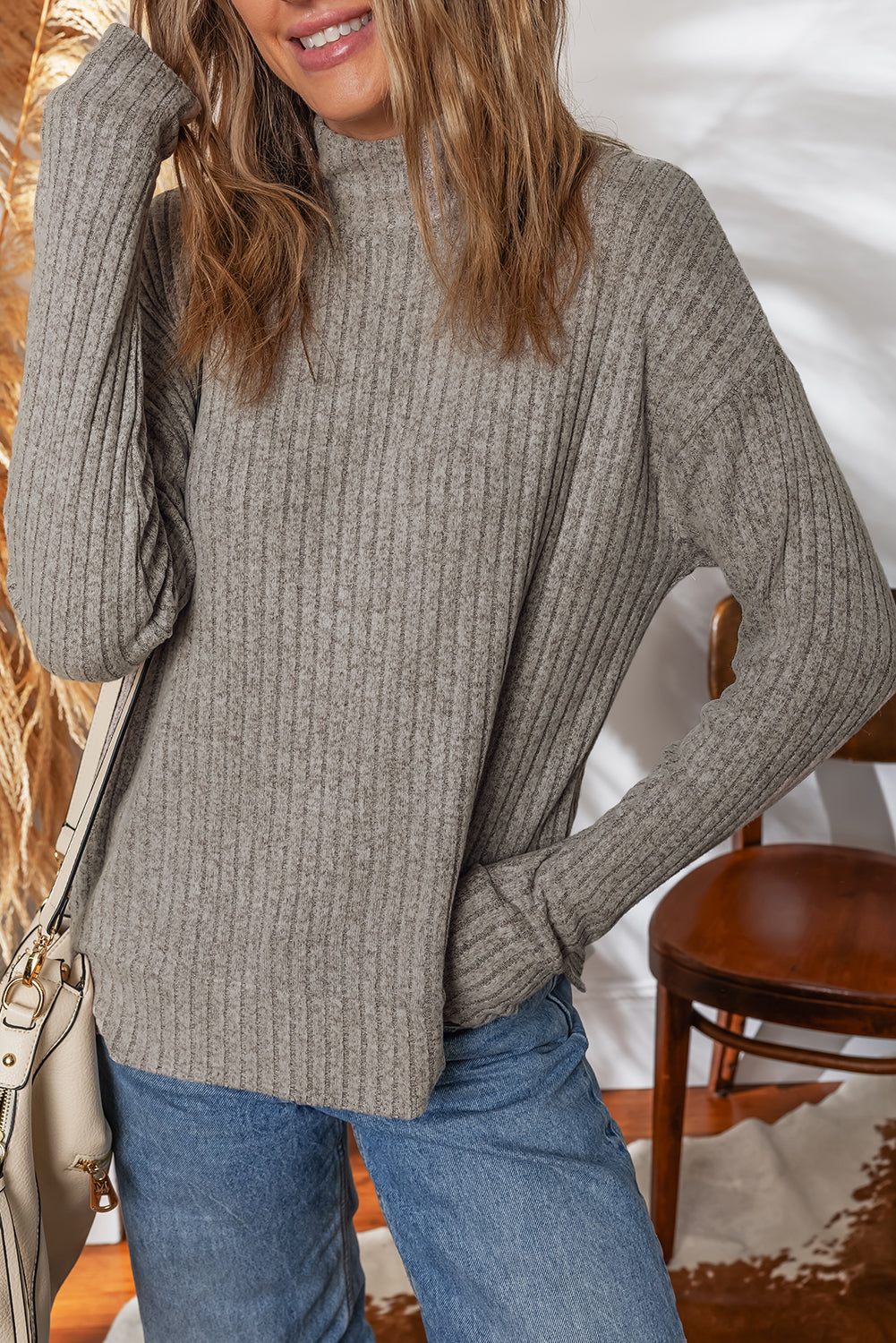 Rib-Knit Knit High Neck Pullover Top
