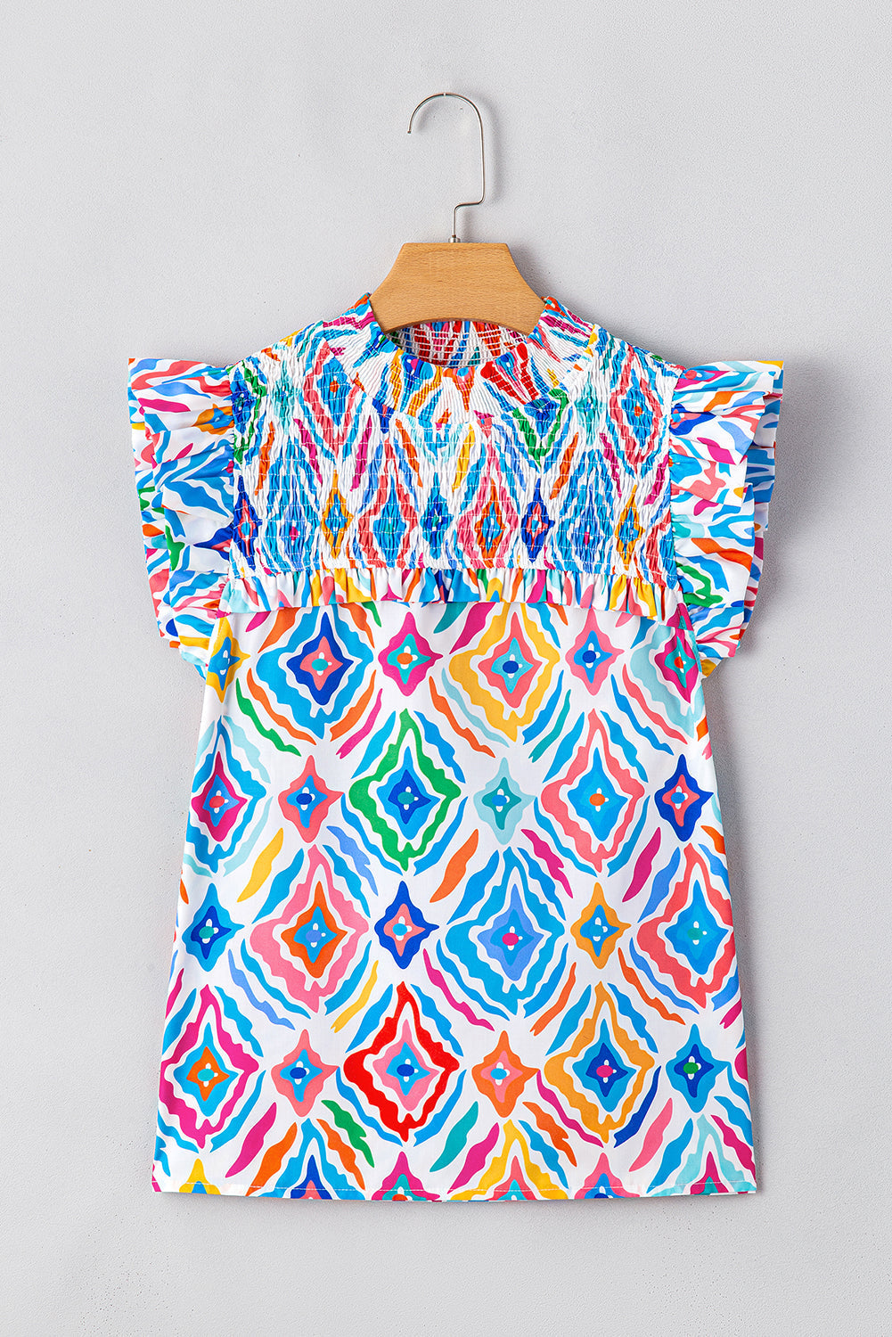 Geometric Printed Mock Neck Shirred Blouse