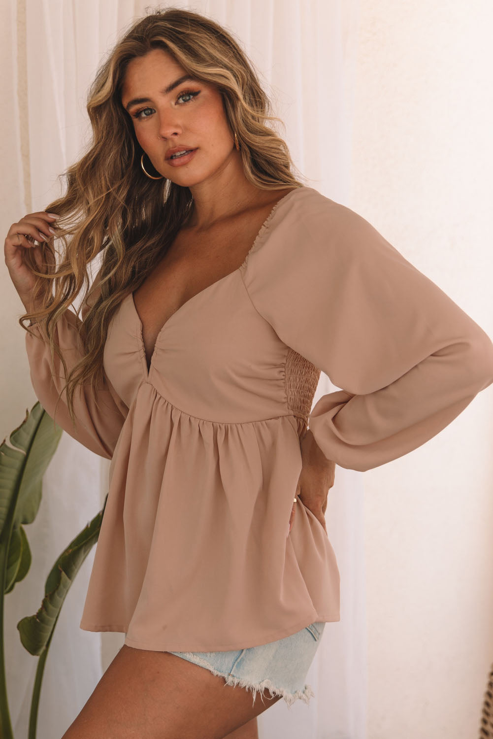 Women's Notched V Neck Shirred Back Peplum Blouse