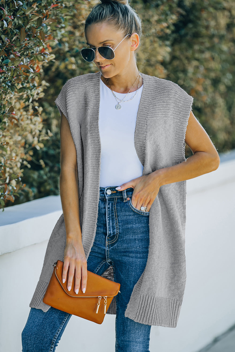 Women's Sweater Featuring Vest Cardigan Essential Gray