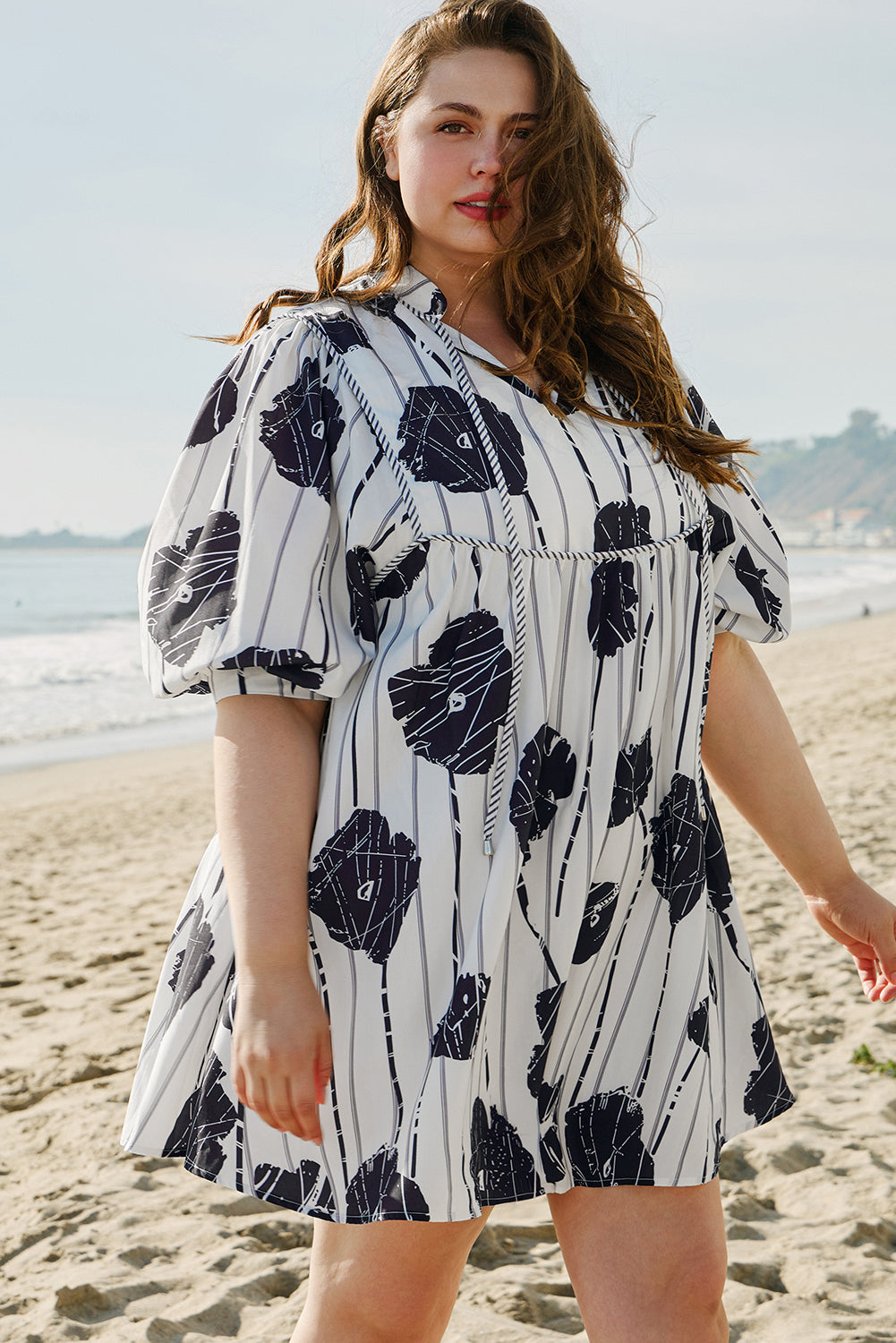 Plus Size Floral Lace-up Neck Mini Dress