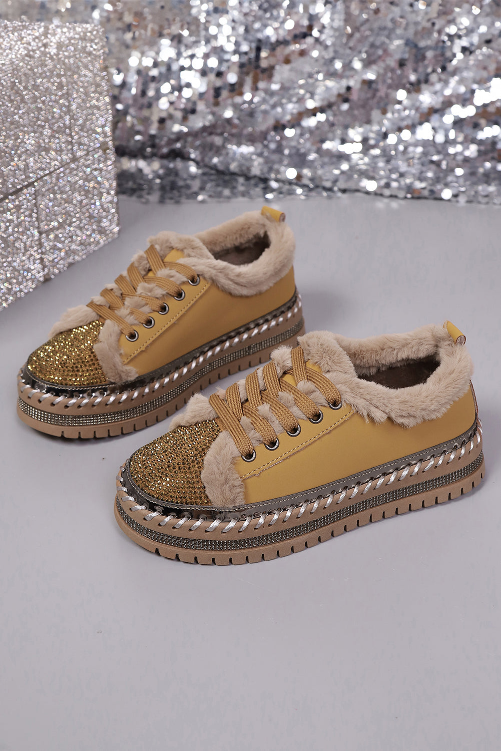 Embellished Faux Rhinestone Faux Fur Lining Lace-Up Flat Shoes