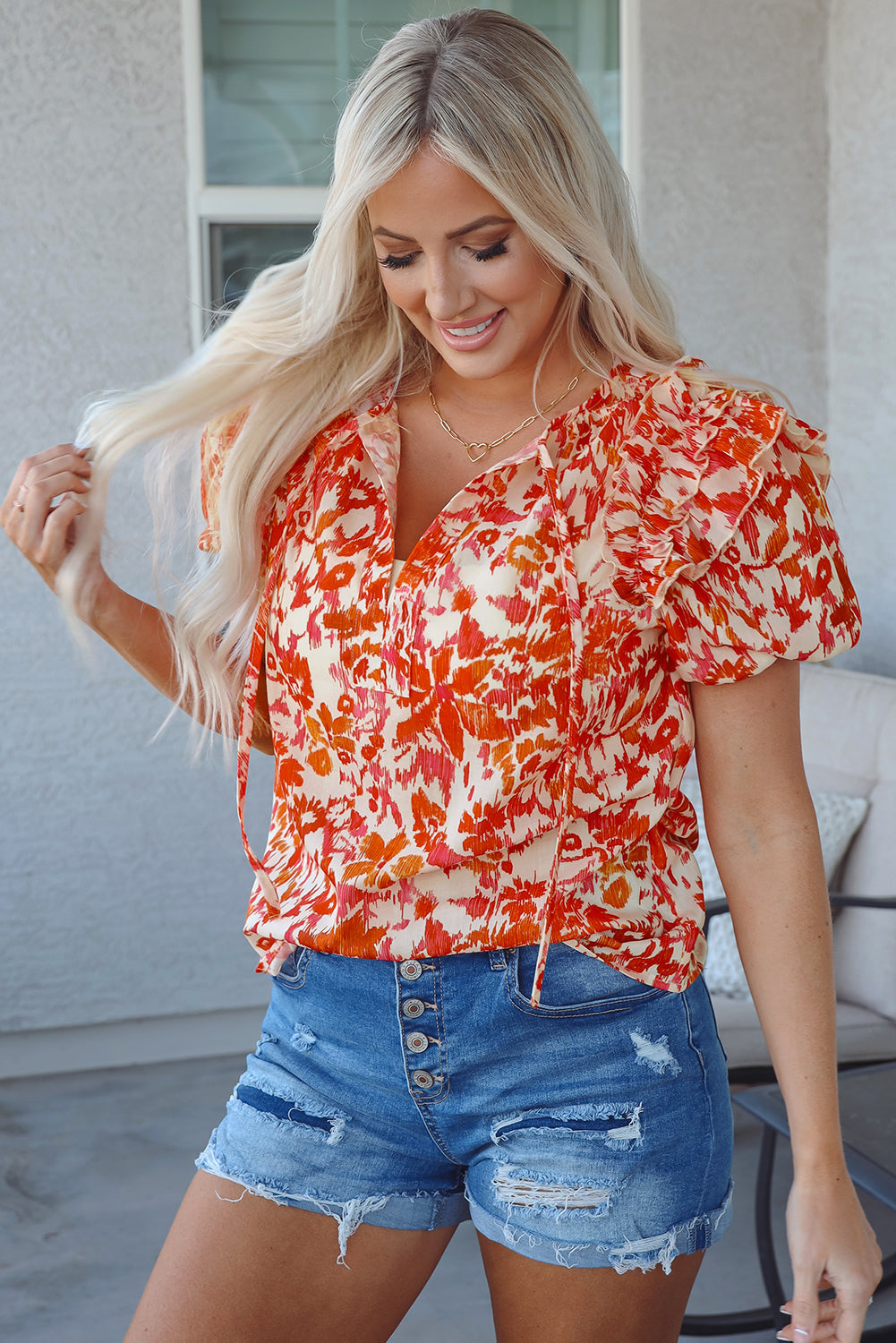 Orange Floral Print Ruffled Split Neck Blouse