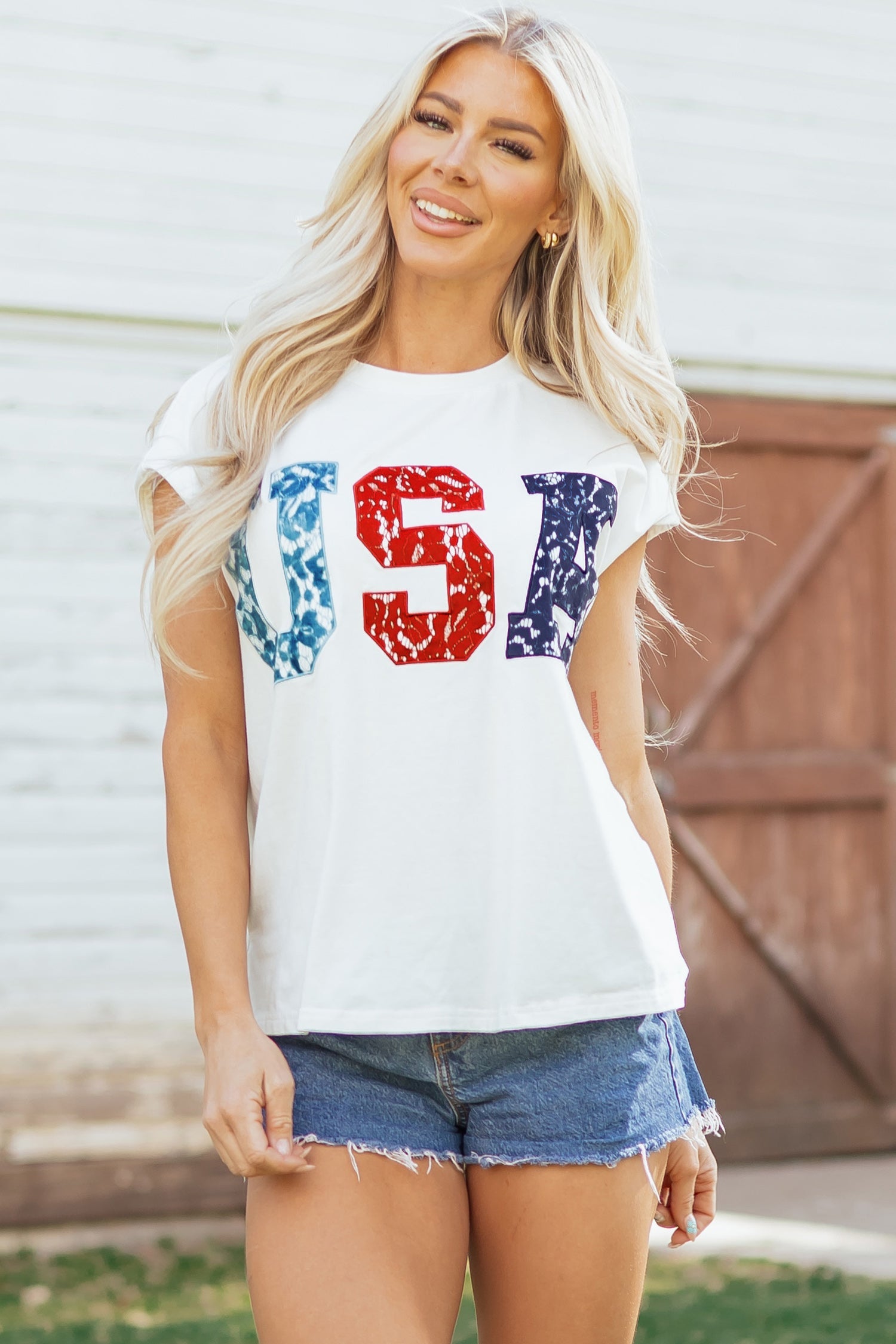 USA Printed Colorblock Letter Dolman Tee in White