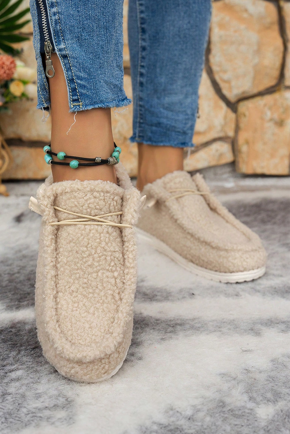 Up Detail Lace Detail Slip On Sherpa Shoes
