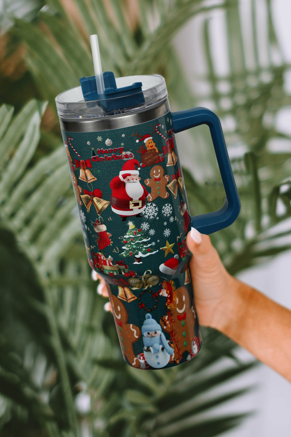 Handled Christmas Print Stainless Steel Tumblers 40oz