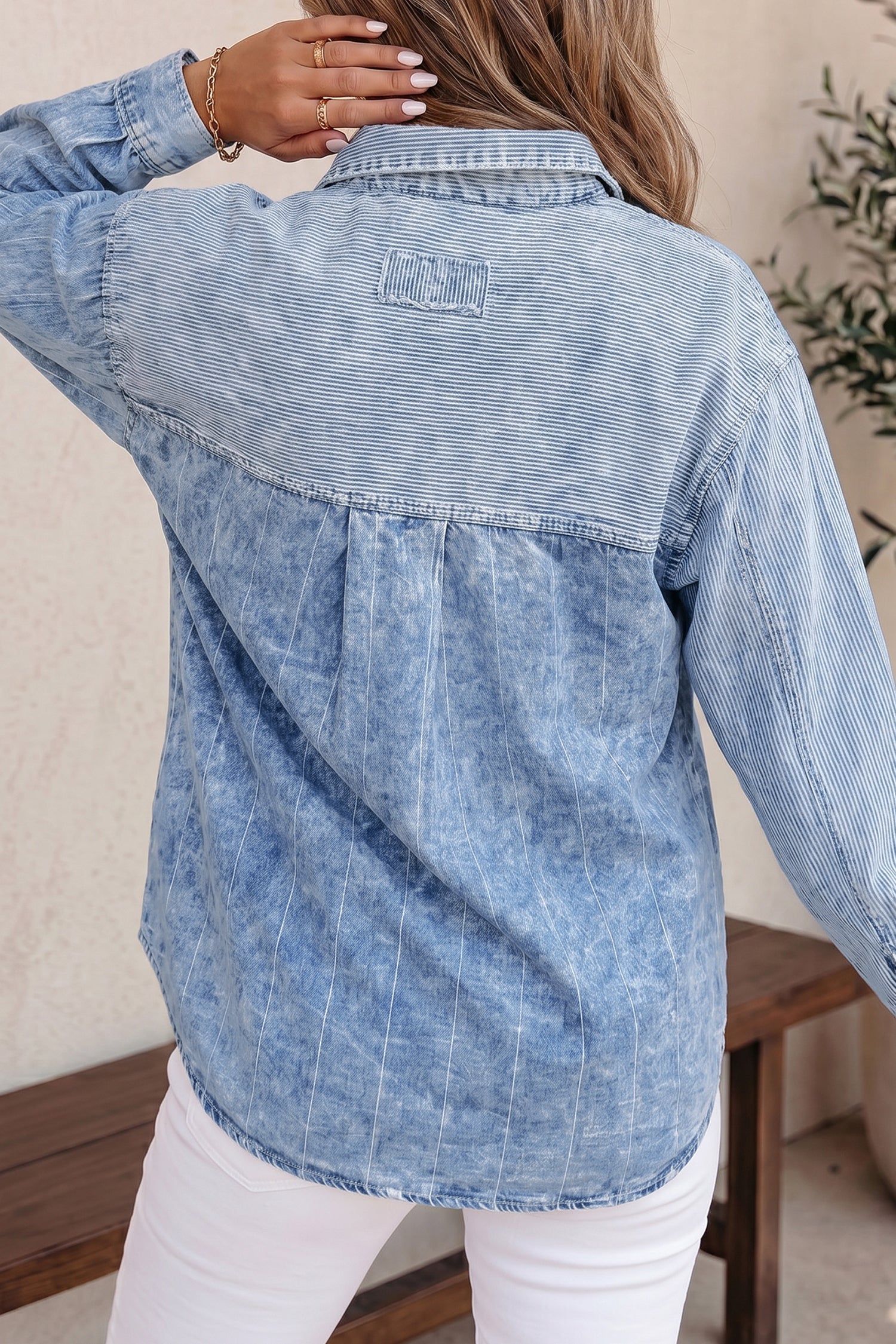Stripe Retro Washed Denim Colorblock Shirt in Sky Blue