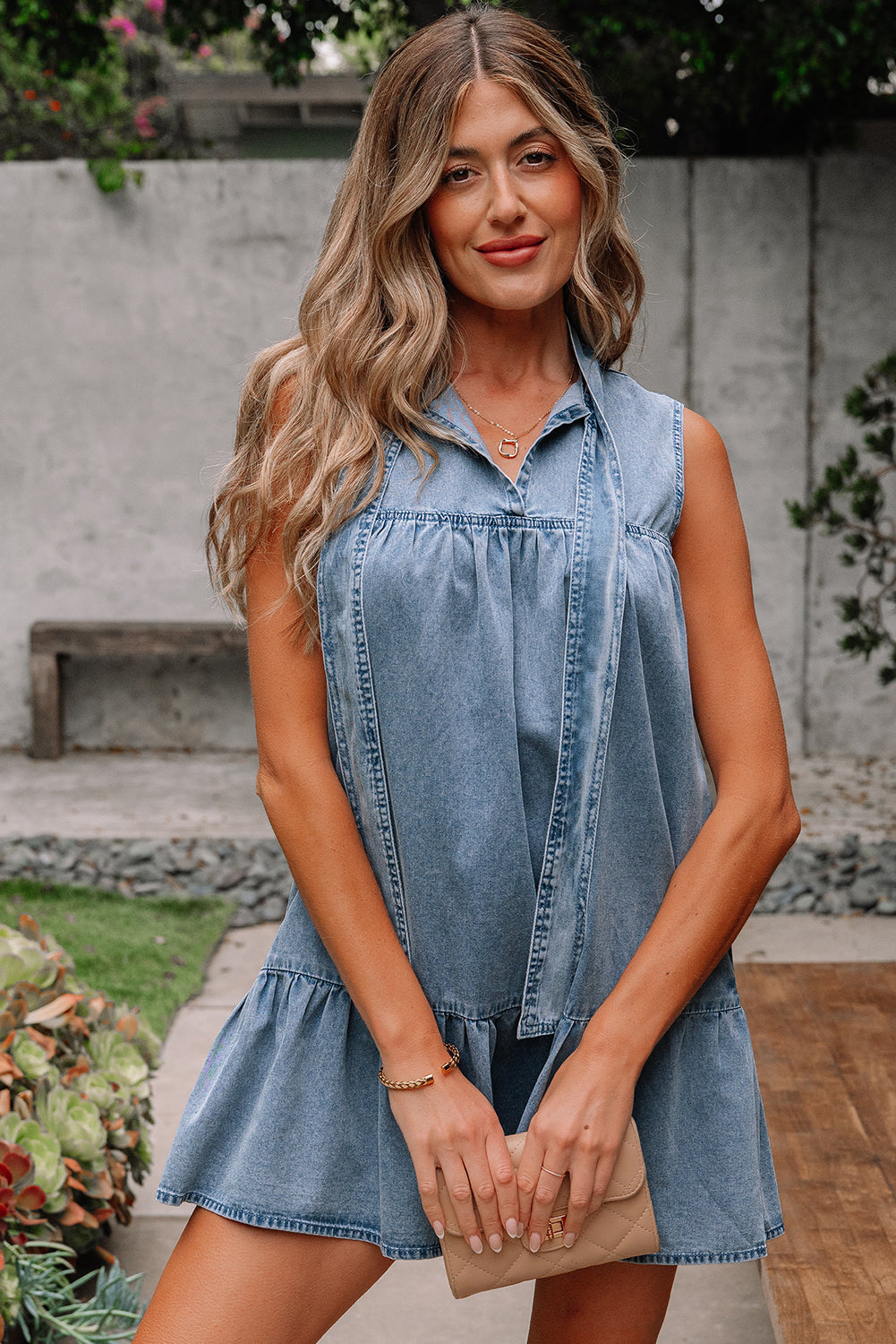 Sleeveless Bowknot Neck Ruffled Chambray Dress