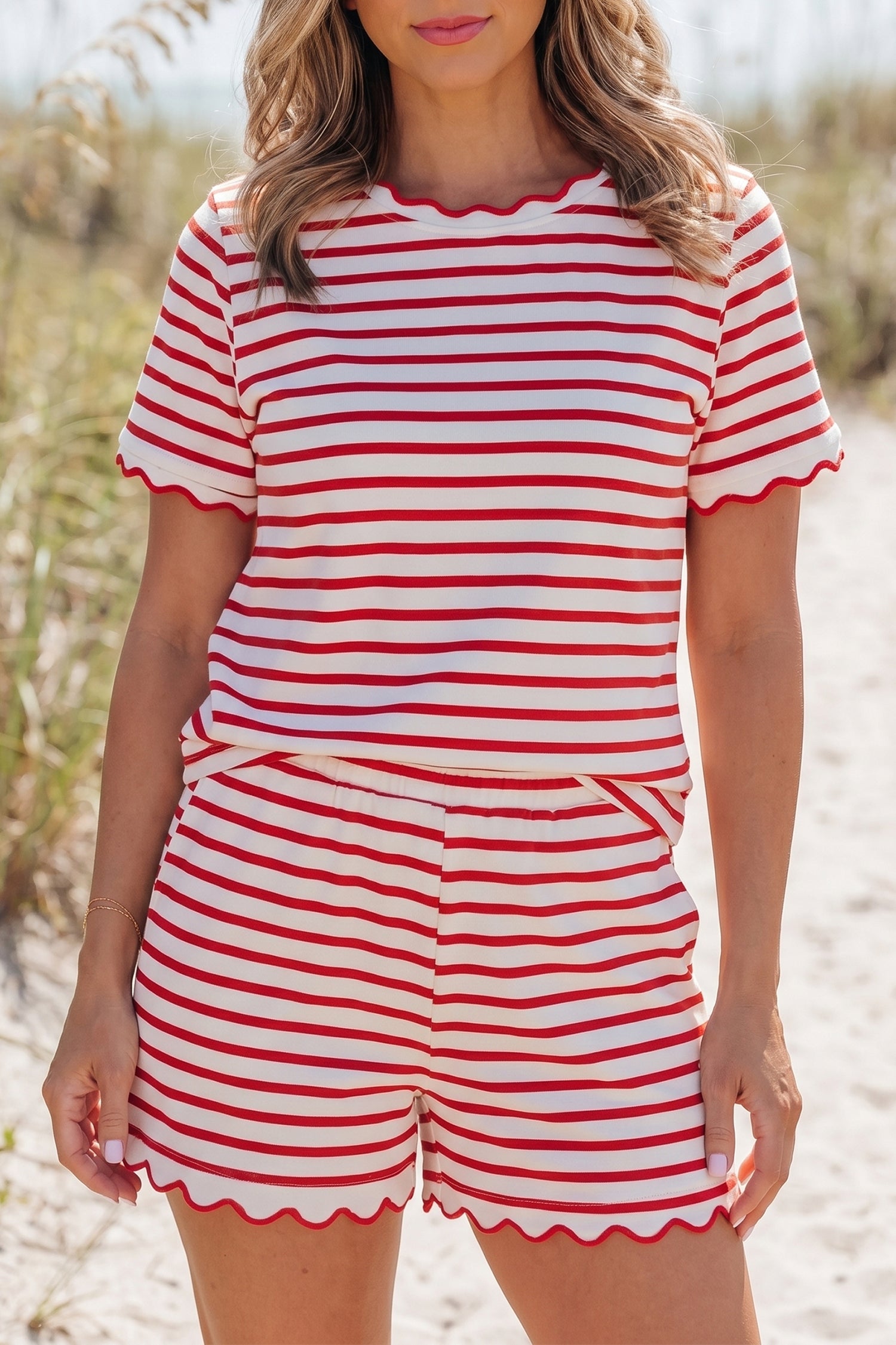 Cute Red Stripe Scallop Trim Everyday Top 2pcs Short Set