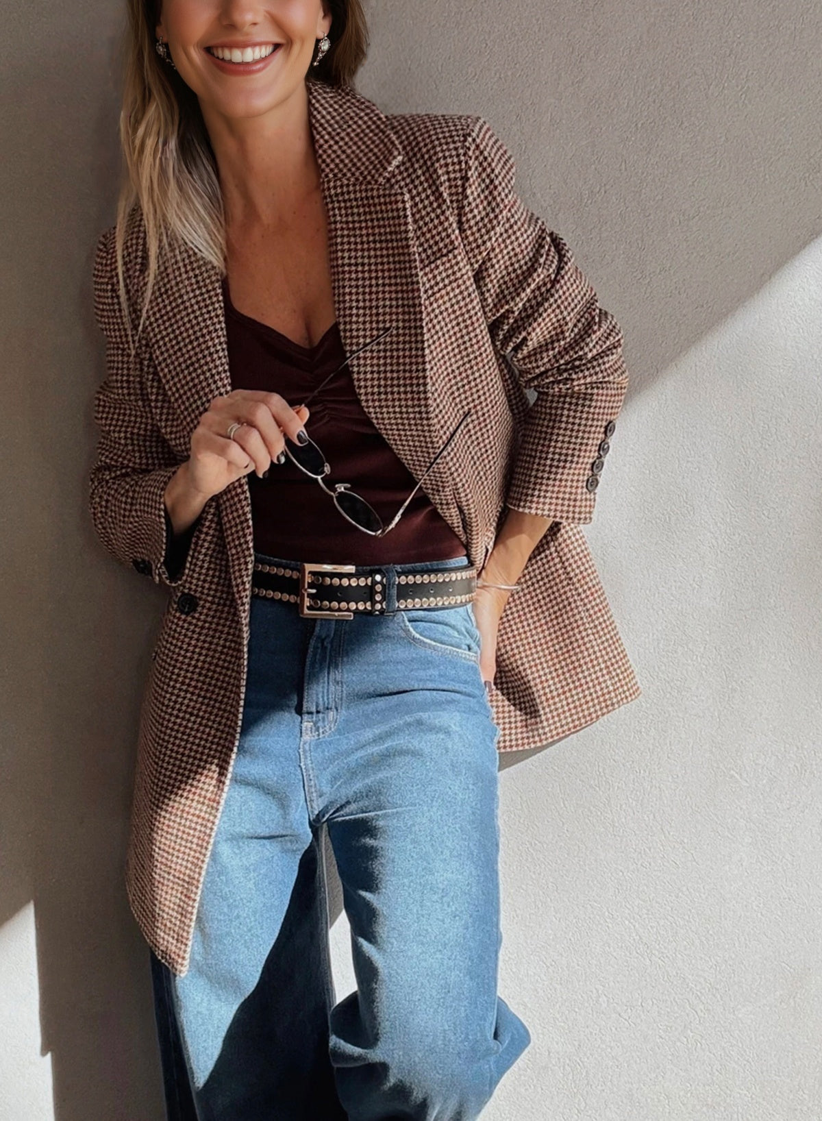 Houndstooth Lapel Collar Blazer in Brown