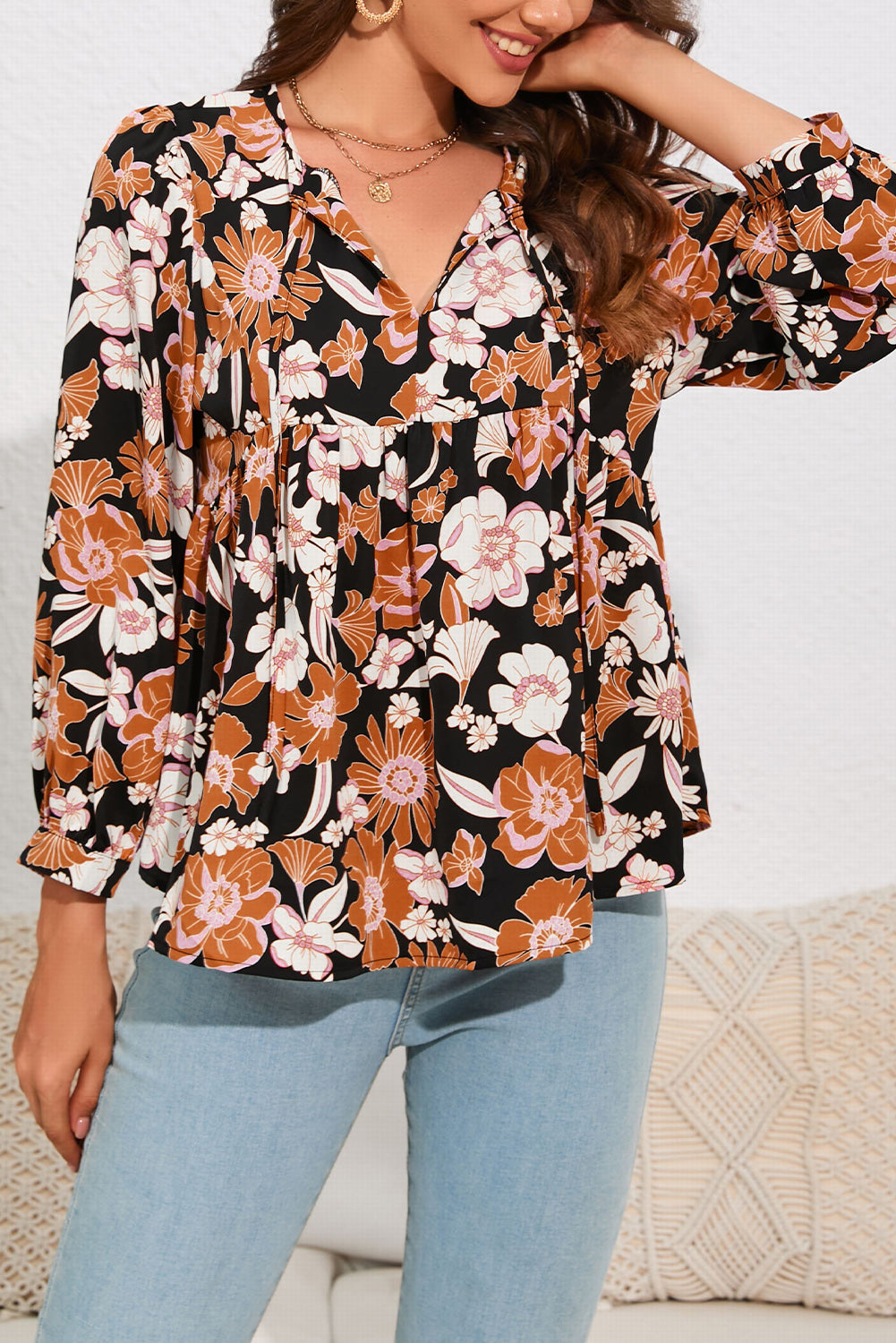 Women's Blouse Featuring Floral-Print Babydoll
