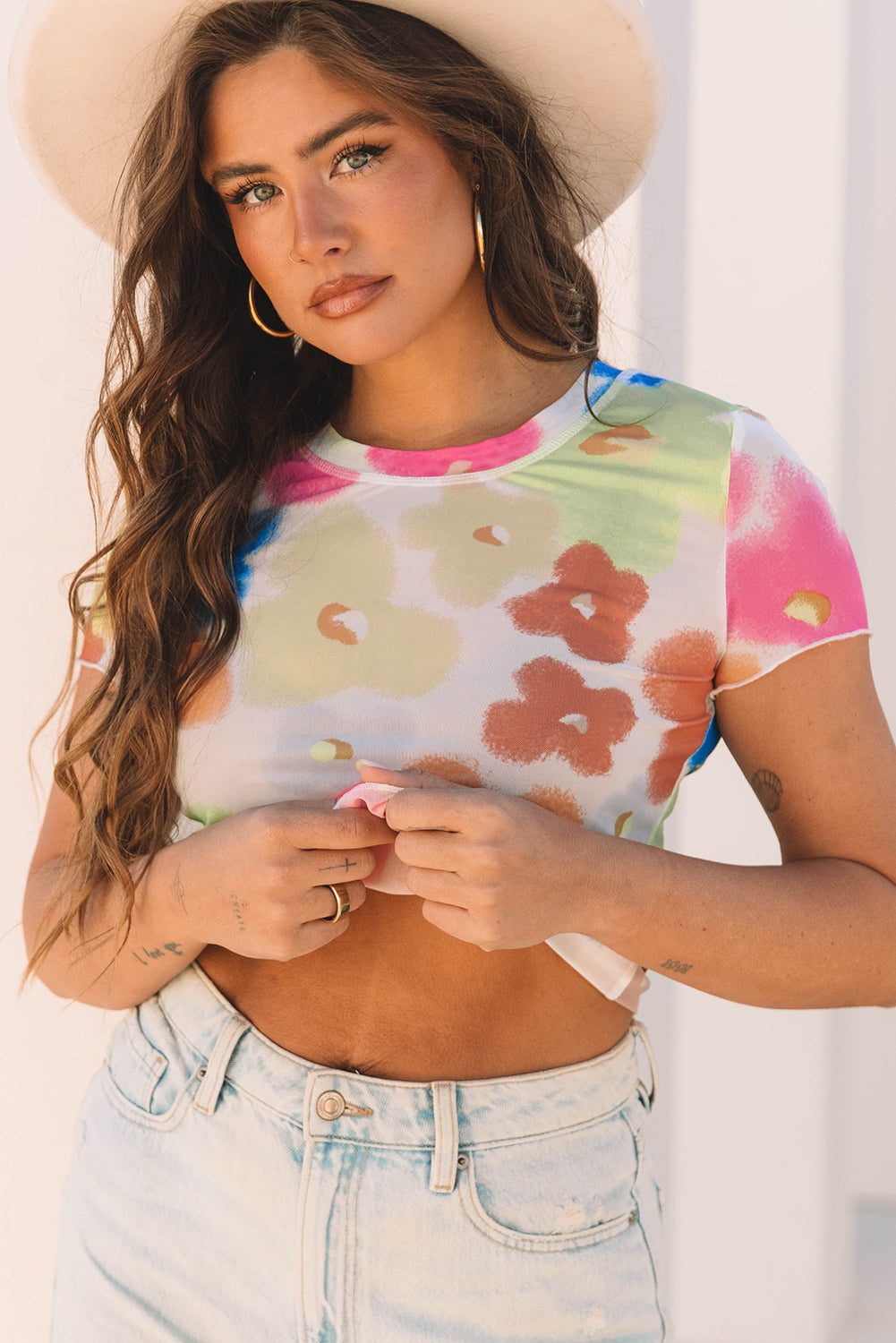 Cute Floral Mesh Lettuce Trim Cropped T Shirt