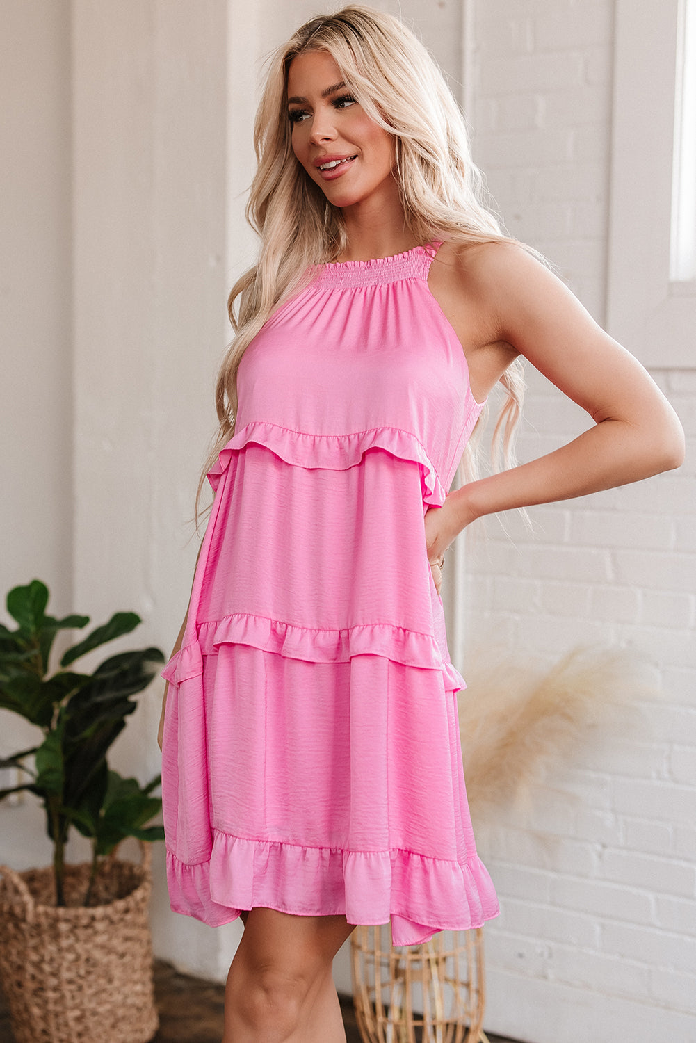 Cute Pink Knot Back Frilly Tiered Sleeveless Mini Dress