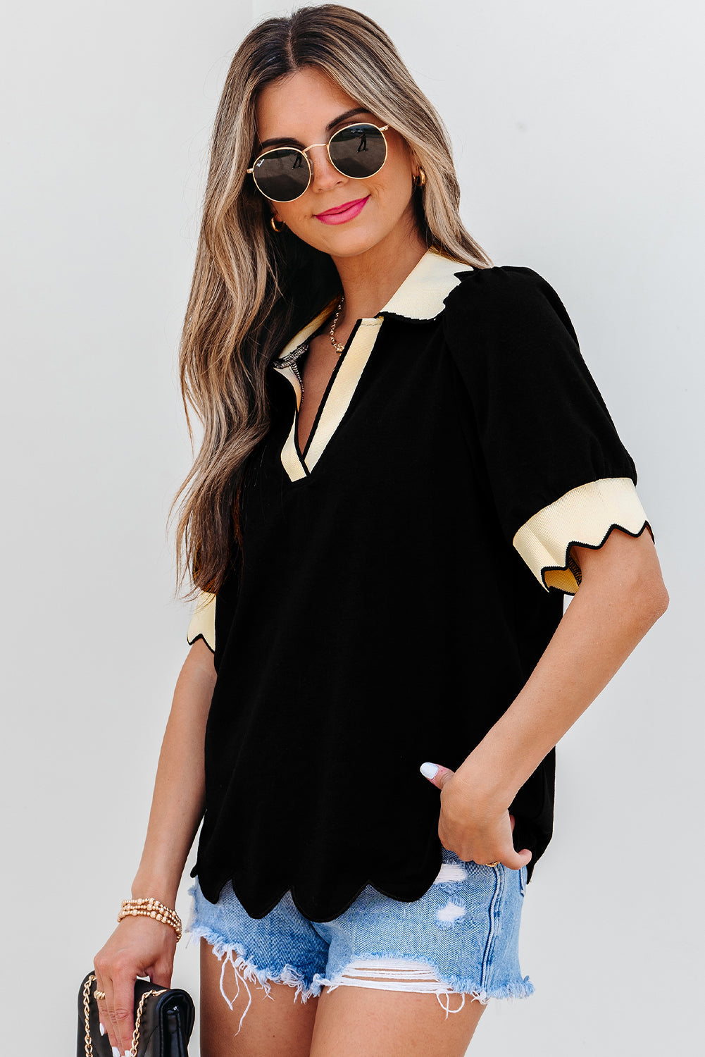 Color V-Neck Contrast Collared Puff Sleeve Blouse