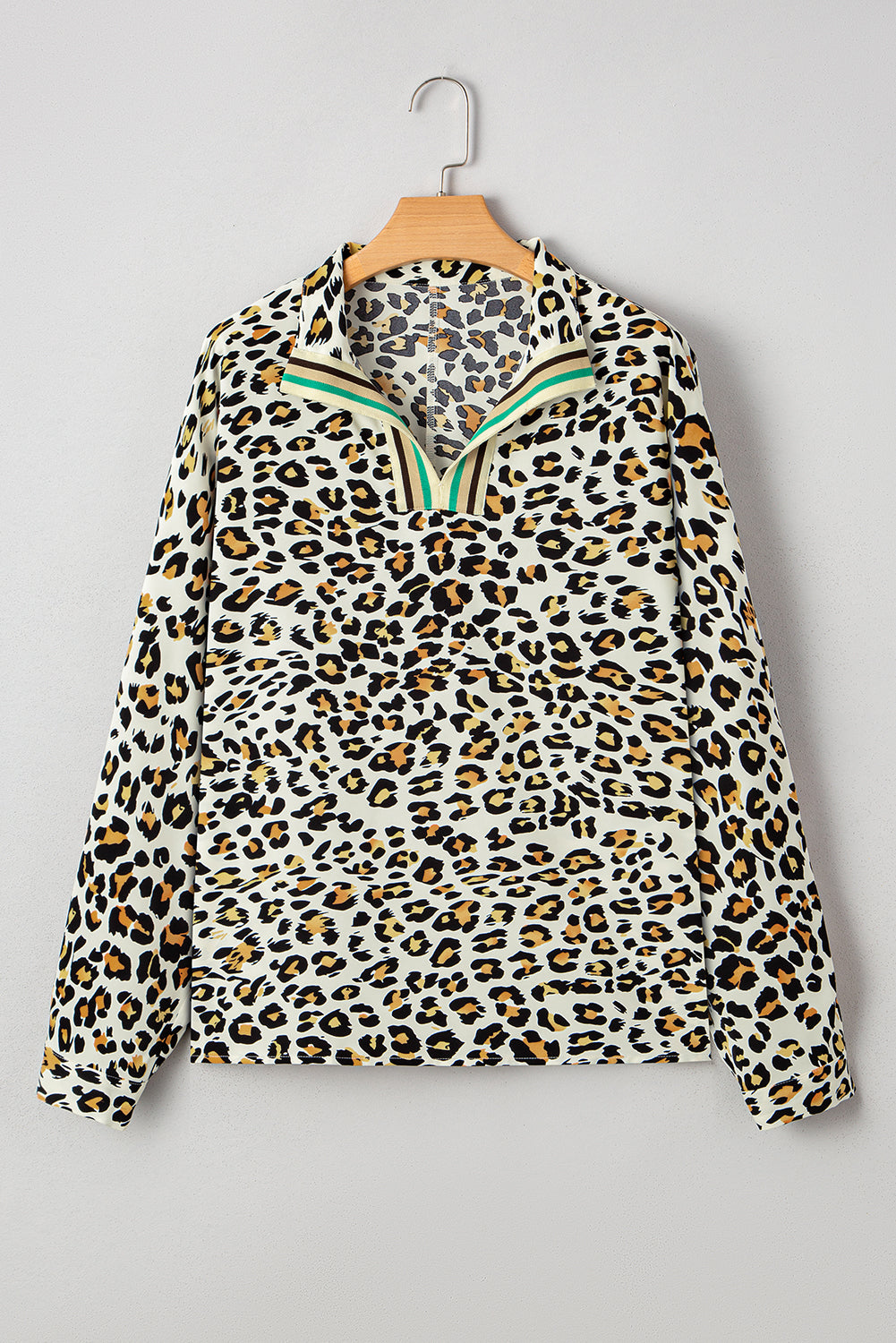 Leopard-Print Contrast Striped V-Neck Blouse