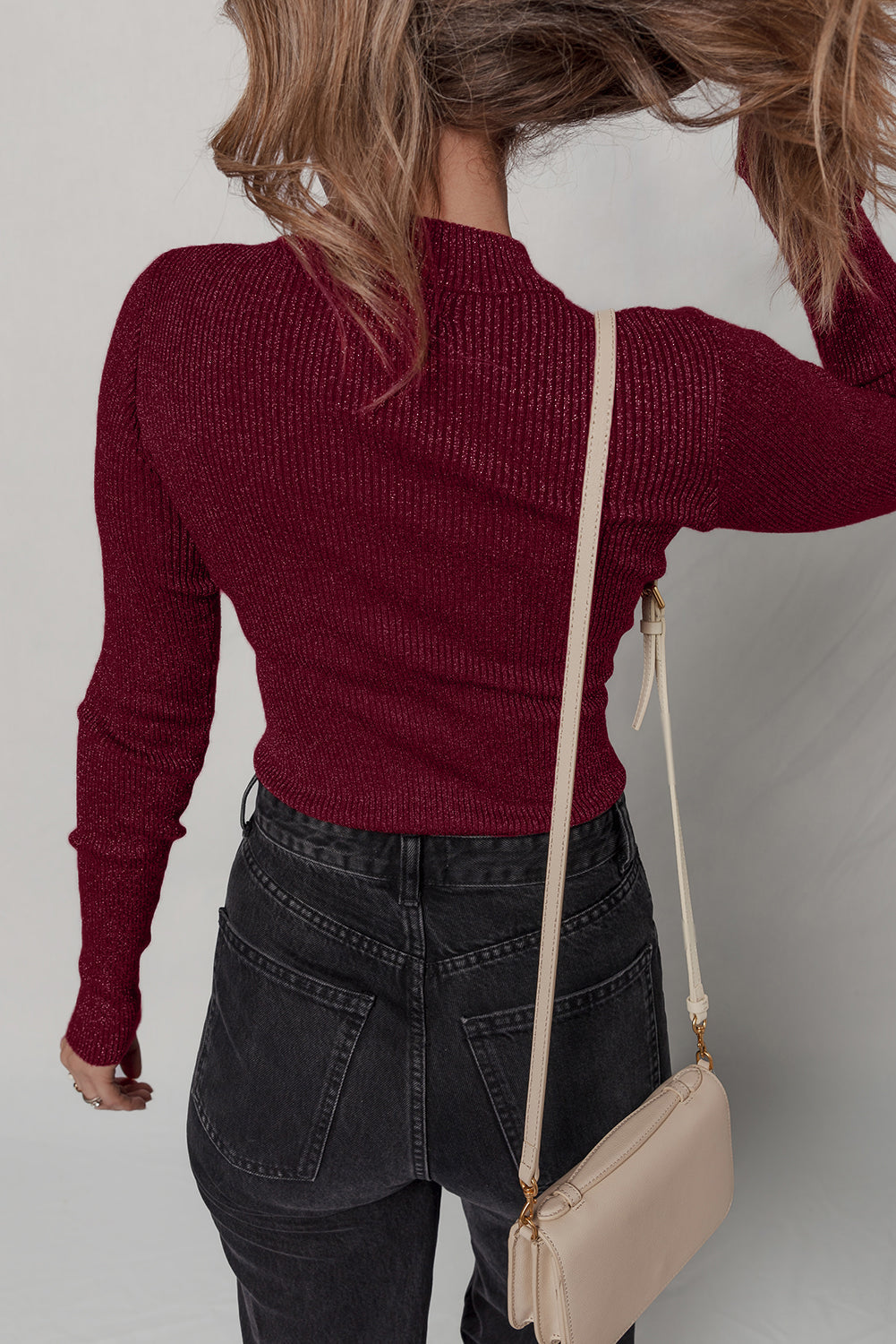 Dahlia Metal Rib-Knit Knit Long-Sleeved Slim Fit Top in Red