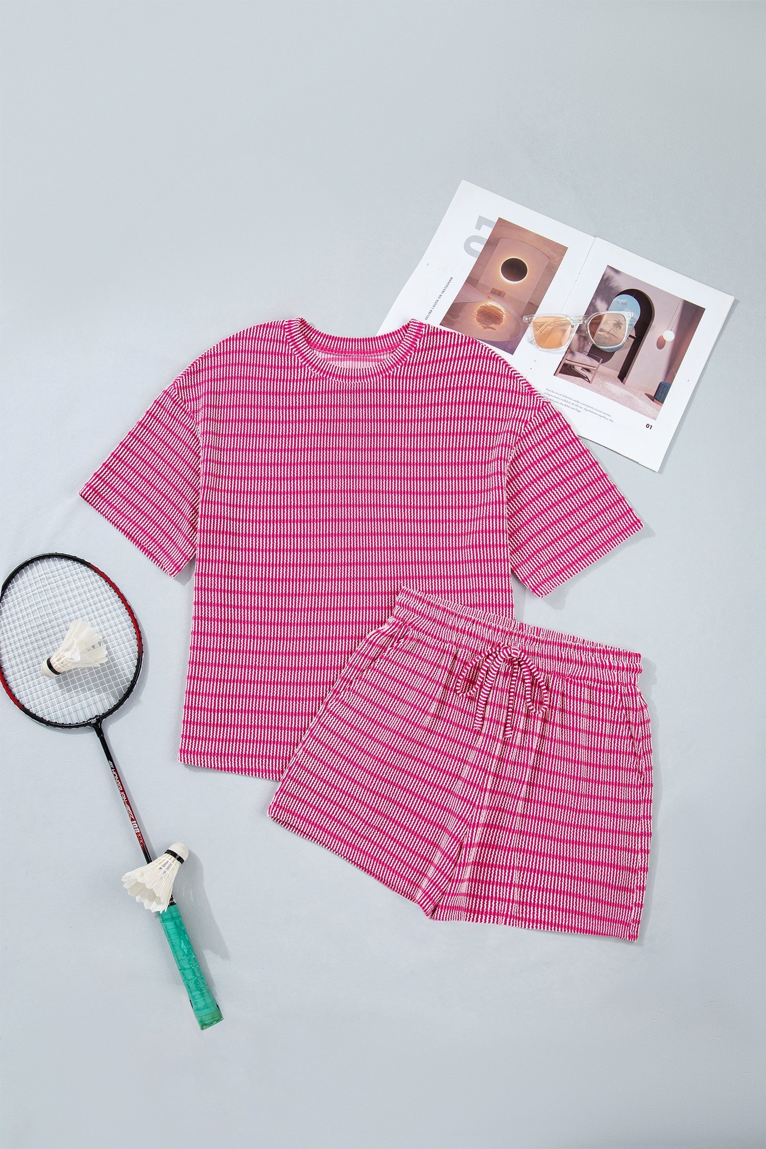Rose Rib Stripe Raised Loose Tee Drawcord Elastic Waist 2pcs Short Set