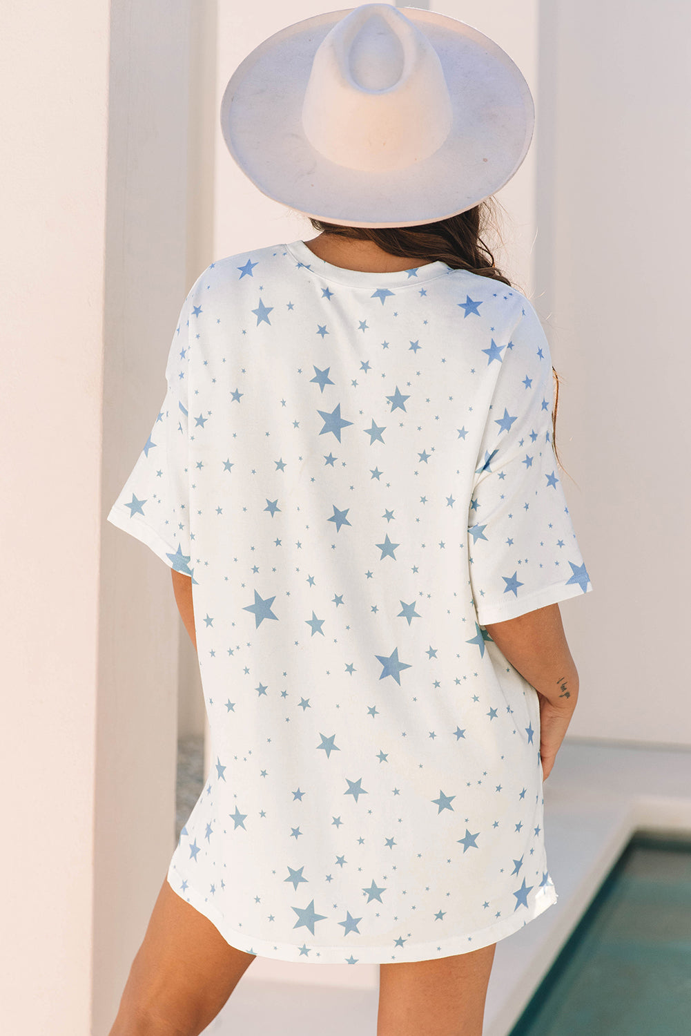 Stars Print Drop-Shoulder Roomy T Shirt with Slits